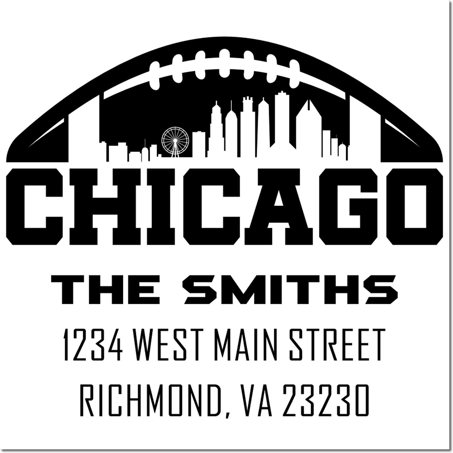 Custom Chicago skyline football rubber stamp for The Smiths, with return address 1234 West Main Street, Richmond, VA 23230.