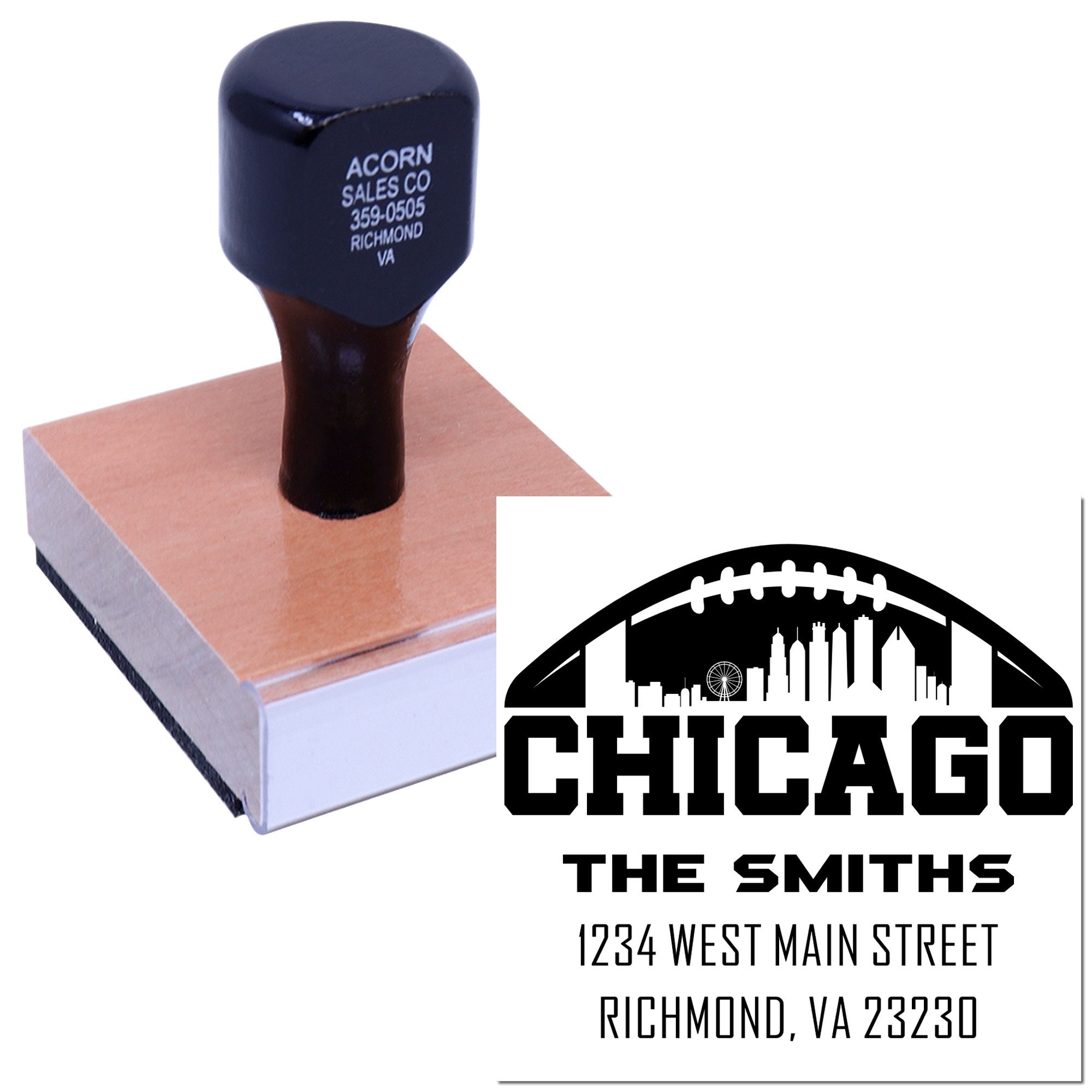 Custom Chicago skyline address rubber stamp with family name and mailing address imprint.