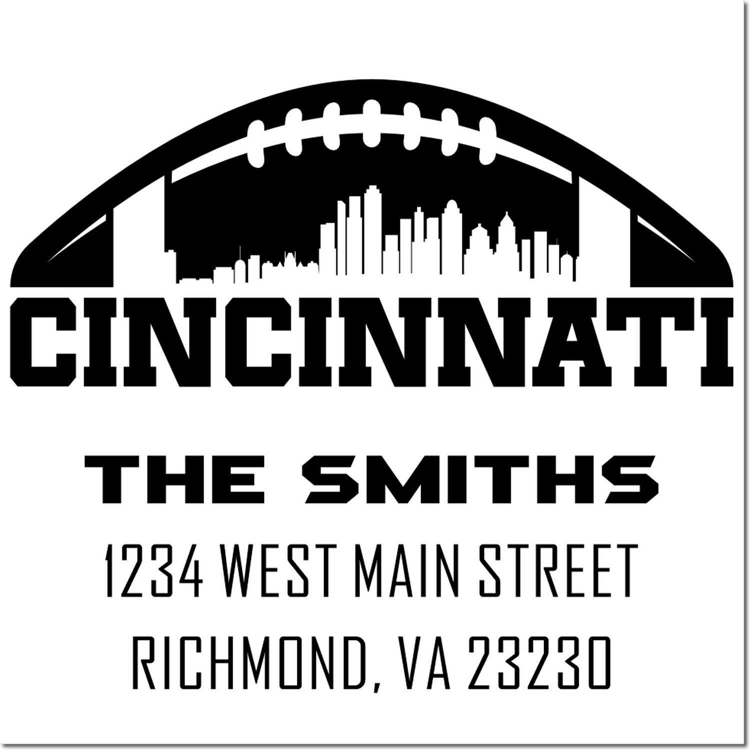 Custom Cincinnati return address rubber stamp with football skyline, The Smiths, and Richmond, VA 23230.