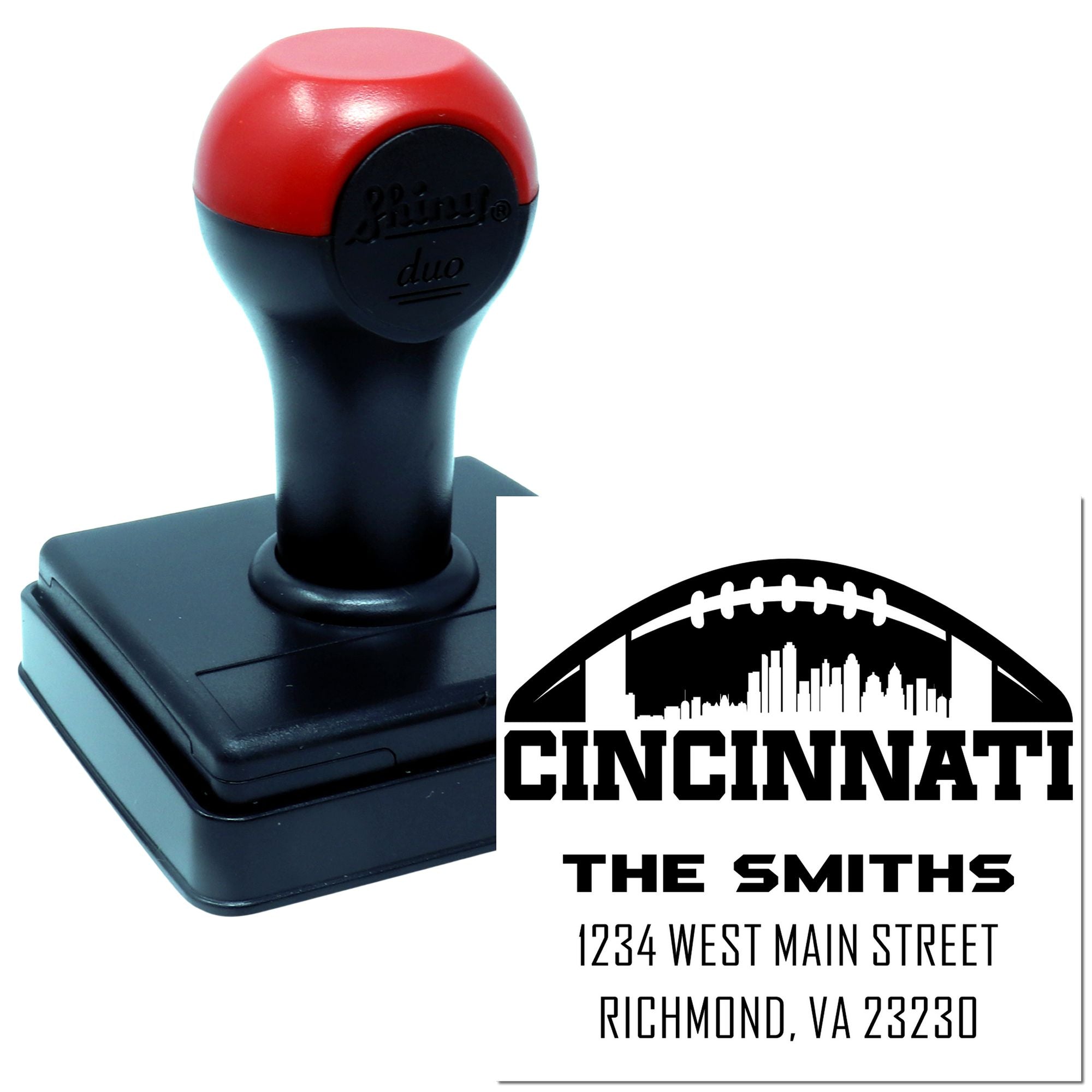 Self-inking custom rubber stamp with Cincinnati skyline and The Smiths return address design for mailing.