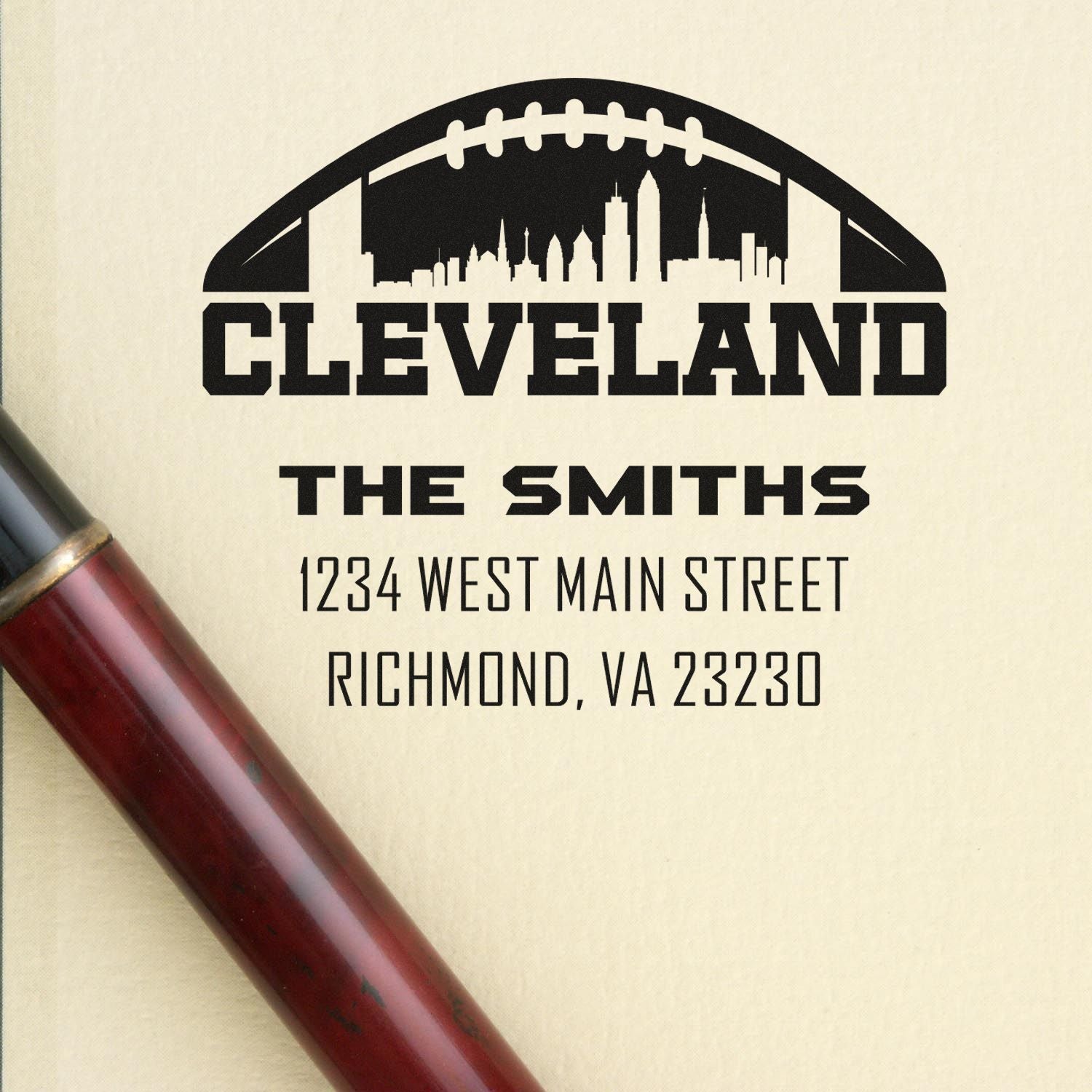 Custom Cleveland skyline address rubber stamp for The Smiths, featuring name and Richmond, VA mailing address.