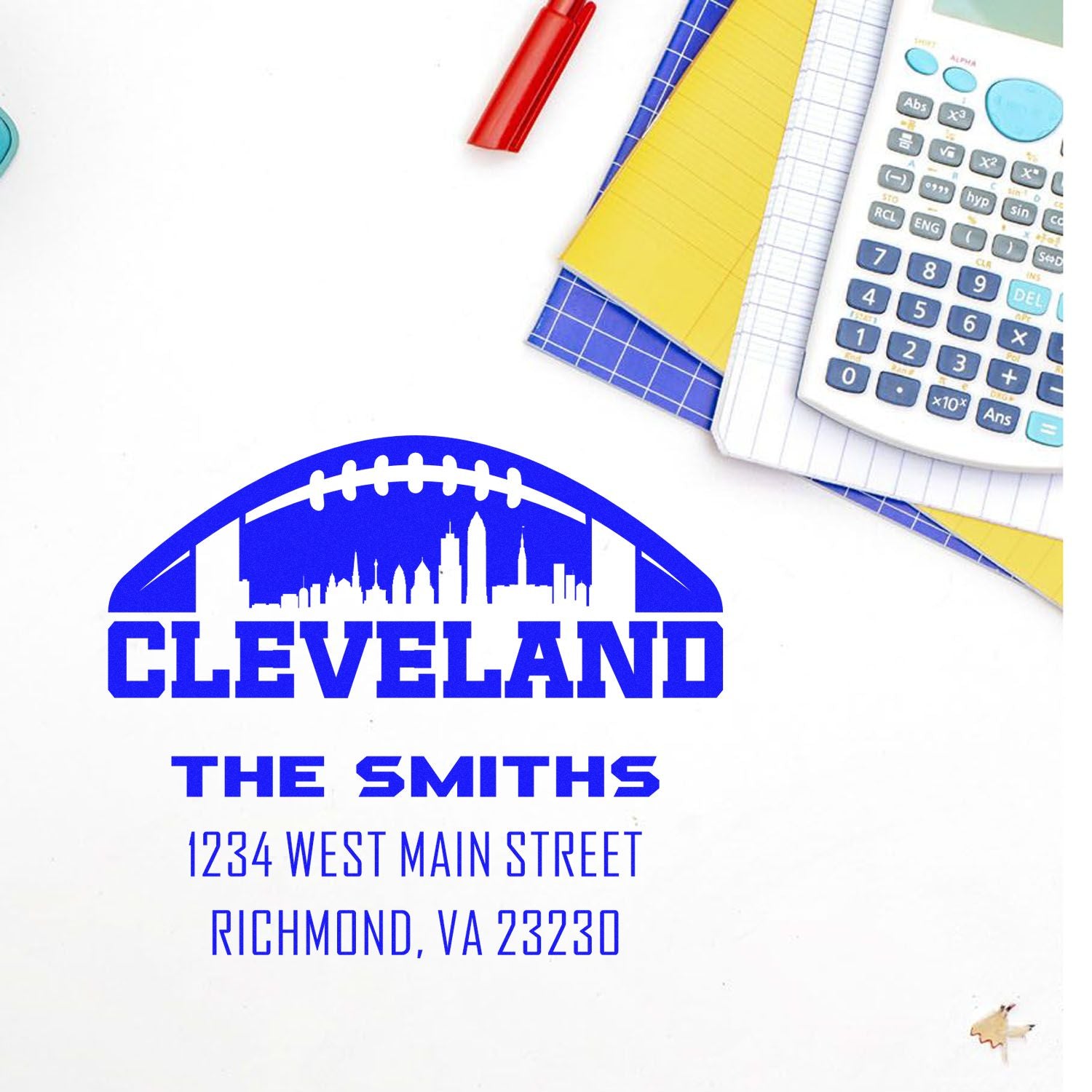 Custom Cleveland return address rubber stamp with football skyline, The Smiths, Richmond, VA 23230
