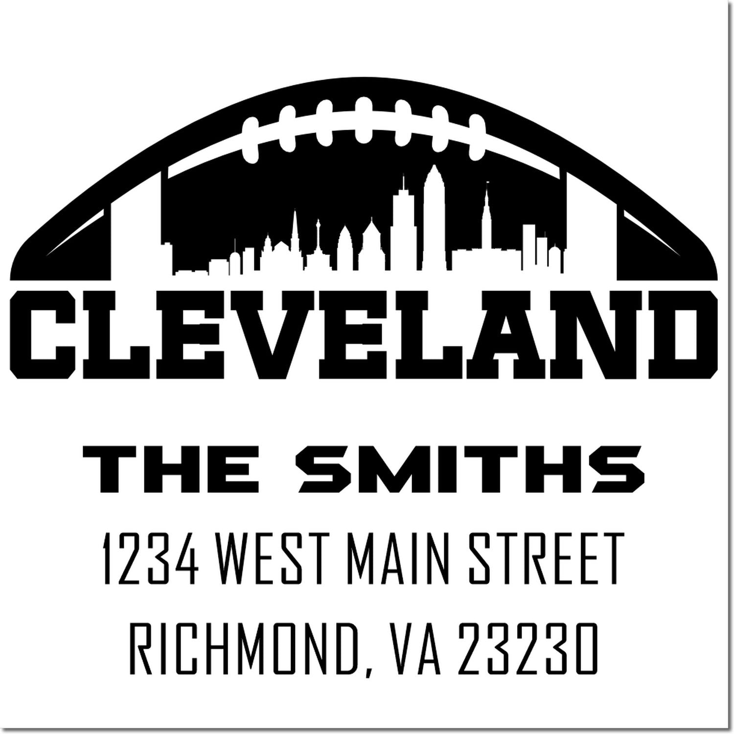 Custom Cleveland rubber stamp for The Smiths, featuring skyline football art and address 1234 West Main Street, Richmond, VA 23230