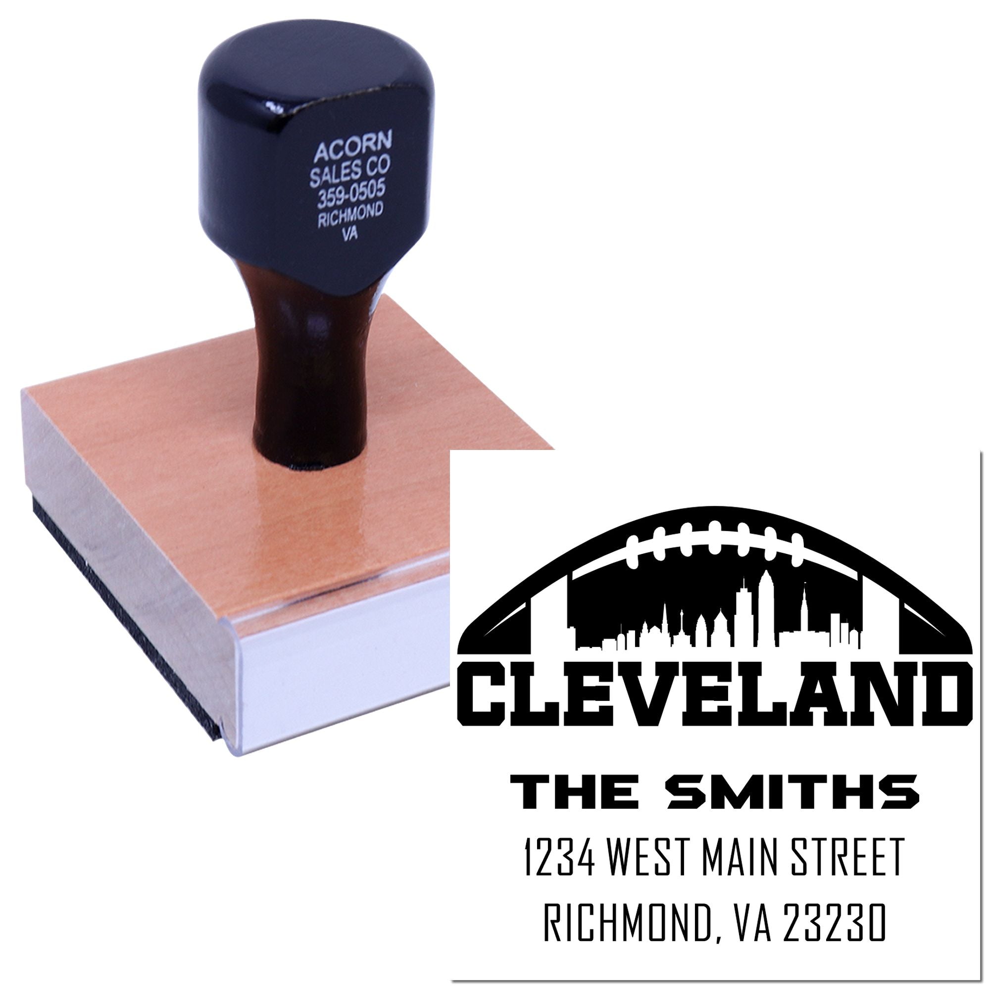 Custom rubber address stamp with Cleveland football logo and The Smiths return address for personalized mailing.