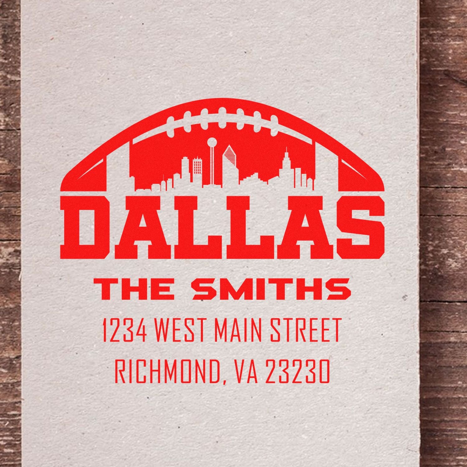 Personalized Dallas skyline football return address rubber stamp for The Smiths, Richmond, VA 23230