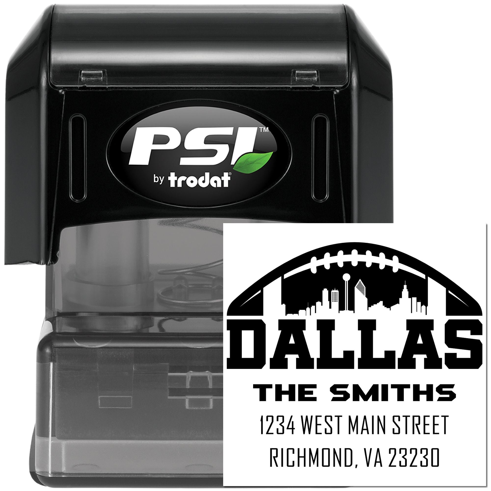 PSI by Trodat self-inking rubber stamp with custom Dallas return address imprint for business mailing labels.