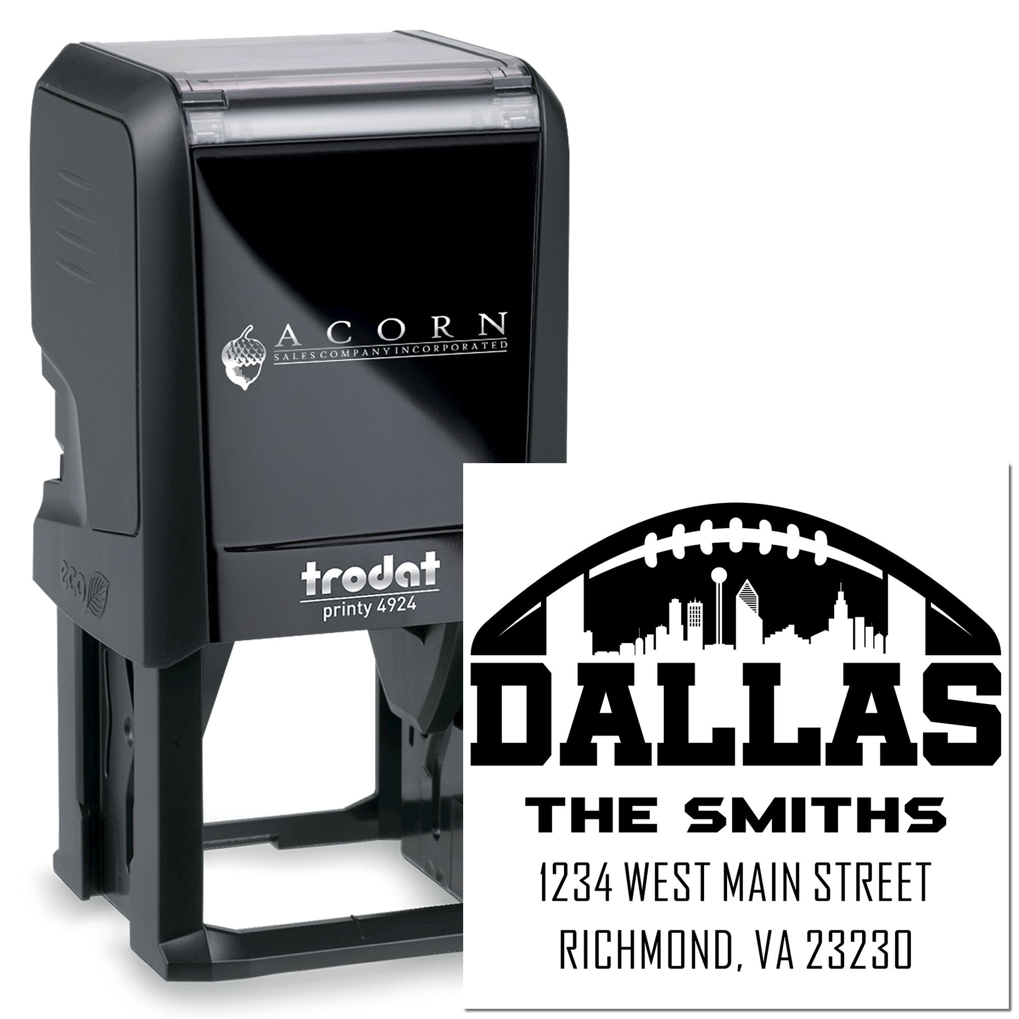 Custom self-inking rubber stamp with Dallas address imprint for business mailings and return address labeling.