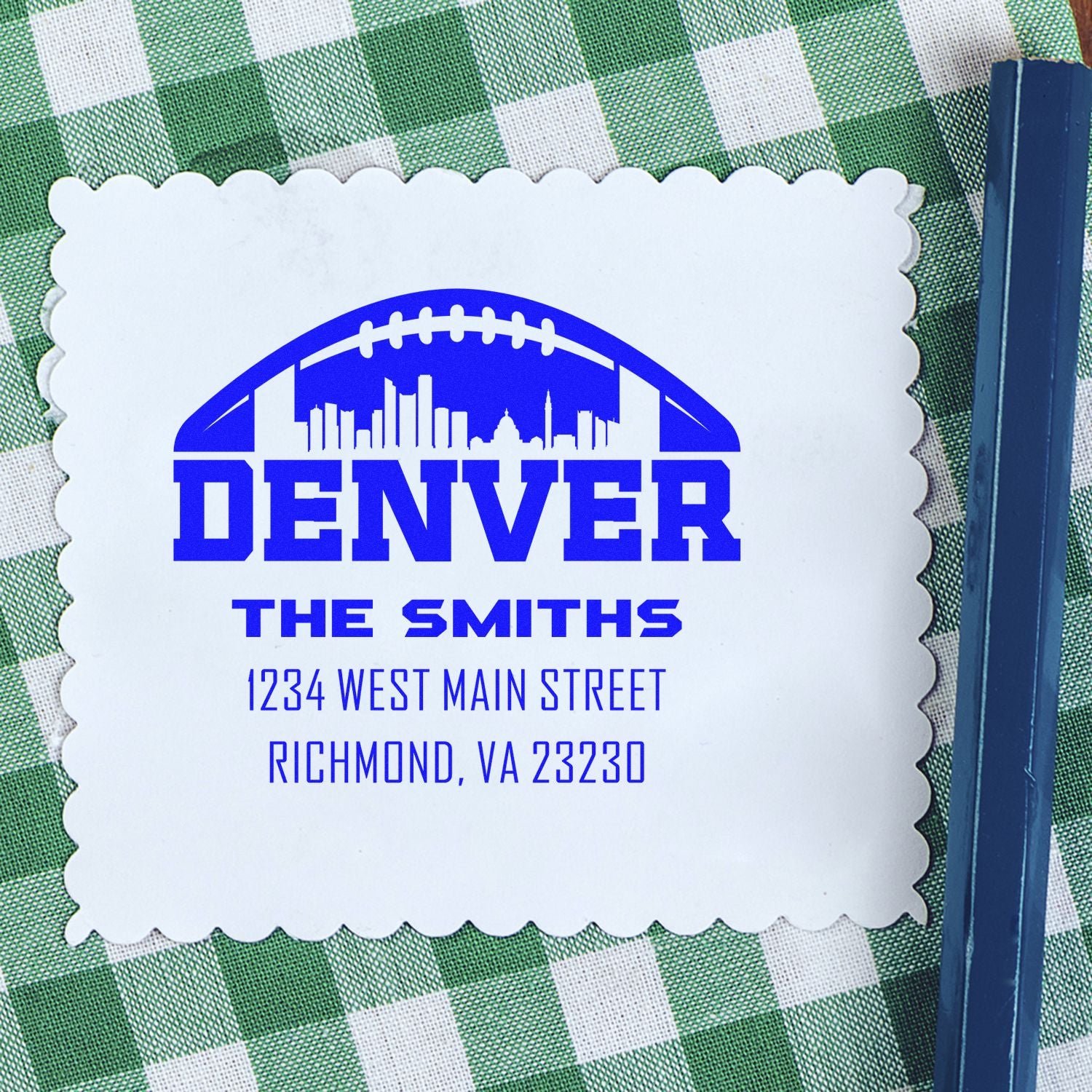 Custom Denver return address rubber stamp for The Smiths, with football skyline design and Richmond, VA address.