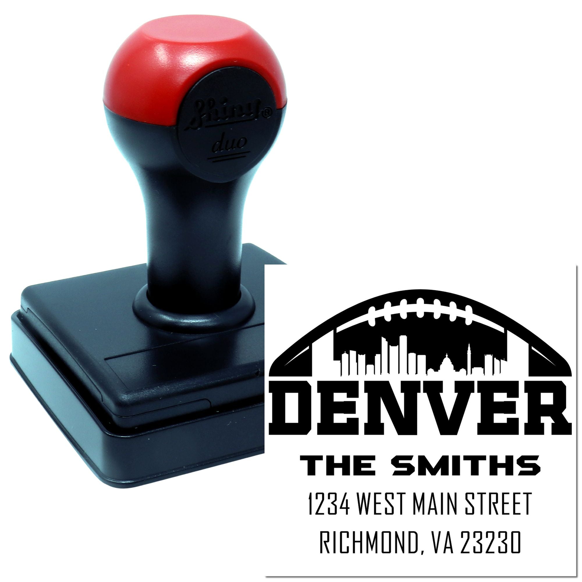 Custom self-inking rubber stamp showing Denver skyline logo and The Smiths return address design
