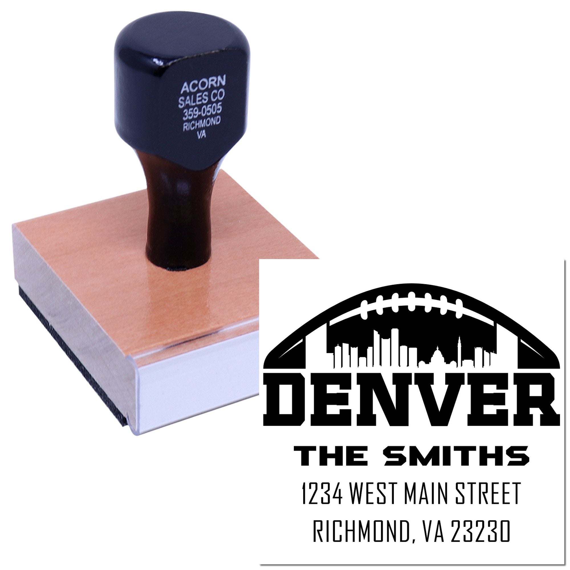 Custom rubber address stamp with Denver football design, The Smiths family name, and Richmond, VA return address imprint