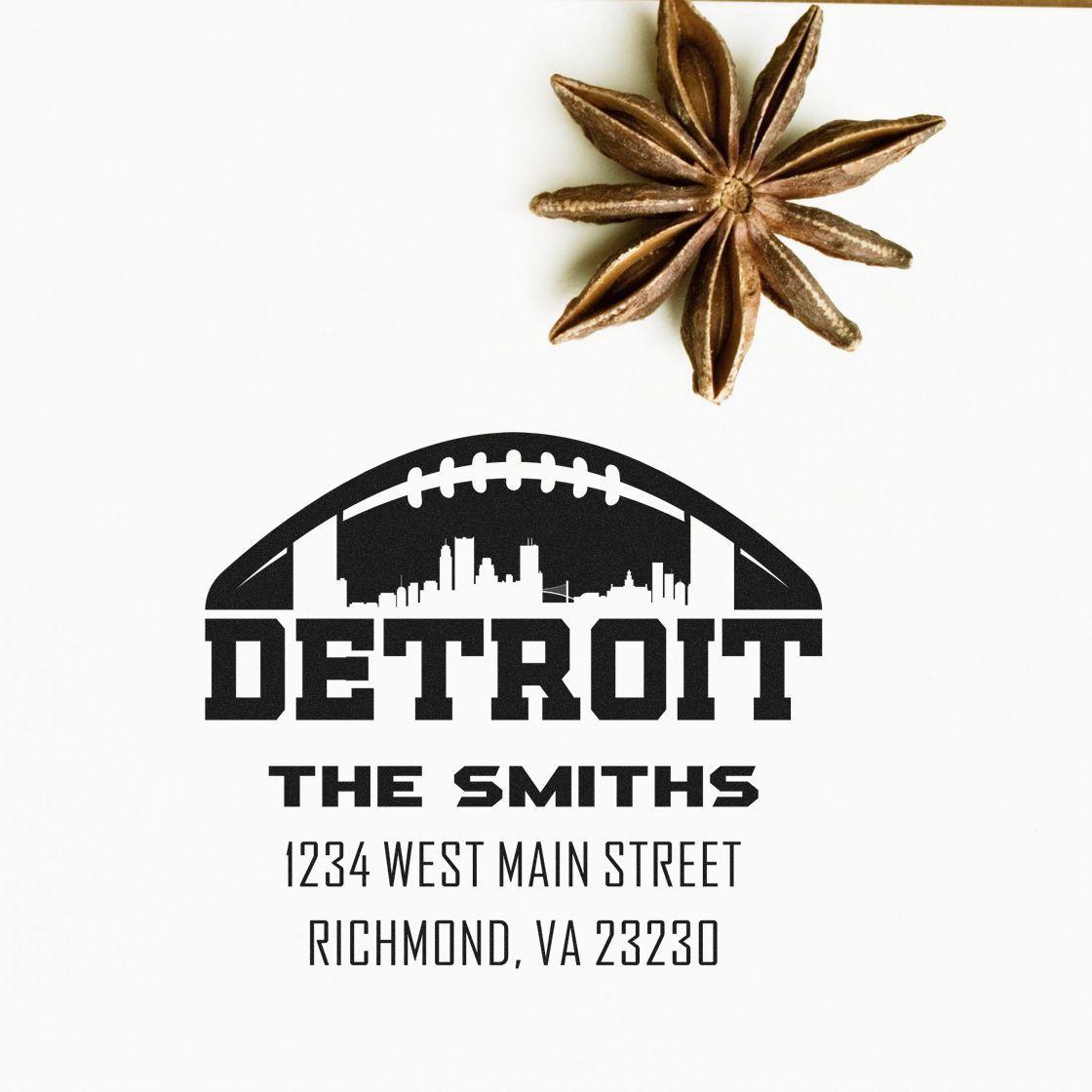 Custom Detroit family return address rubber stamp with football skyline, The Smiths, Richmond VA 23230.