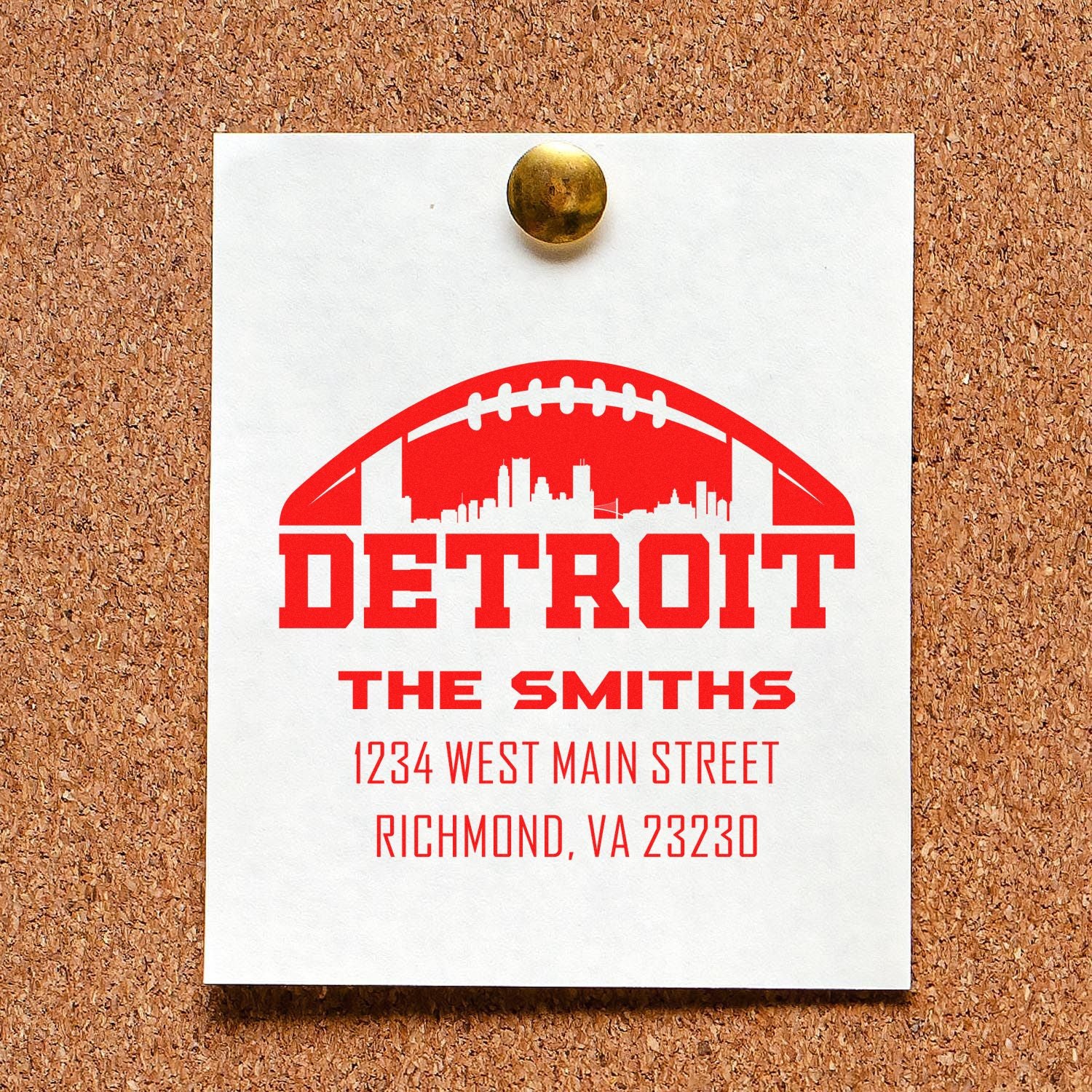 Custom Detroit rubber stamp with football skyline, personalized return address for The Smiths, Richmond, VA mailing label.