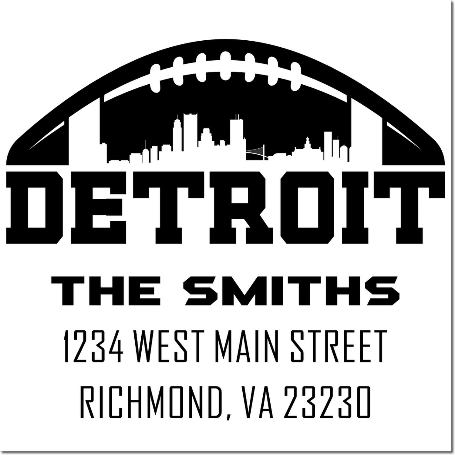 Custom Detroit football-themed return address rubber stamp for The Smiths, 1234 West Main Street, Richmond, VA 23230.