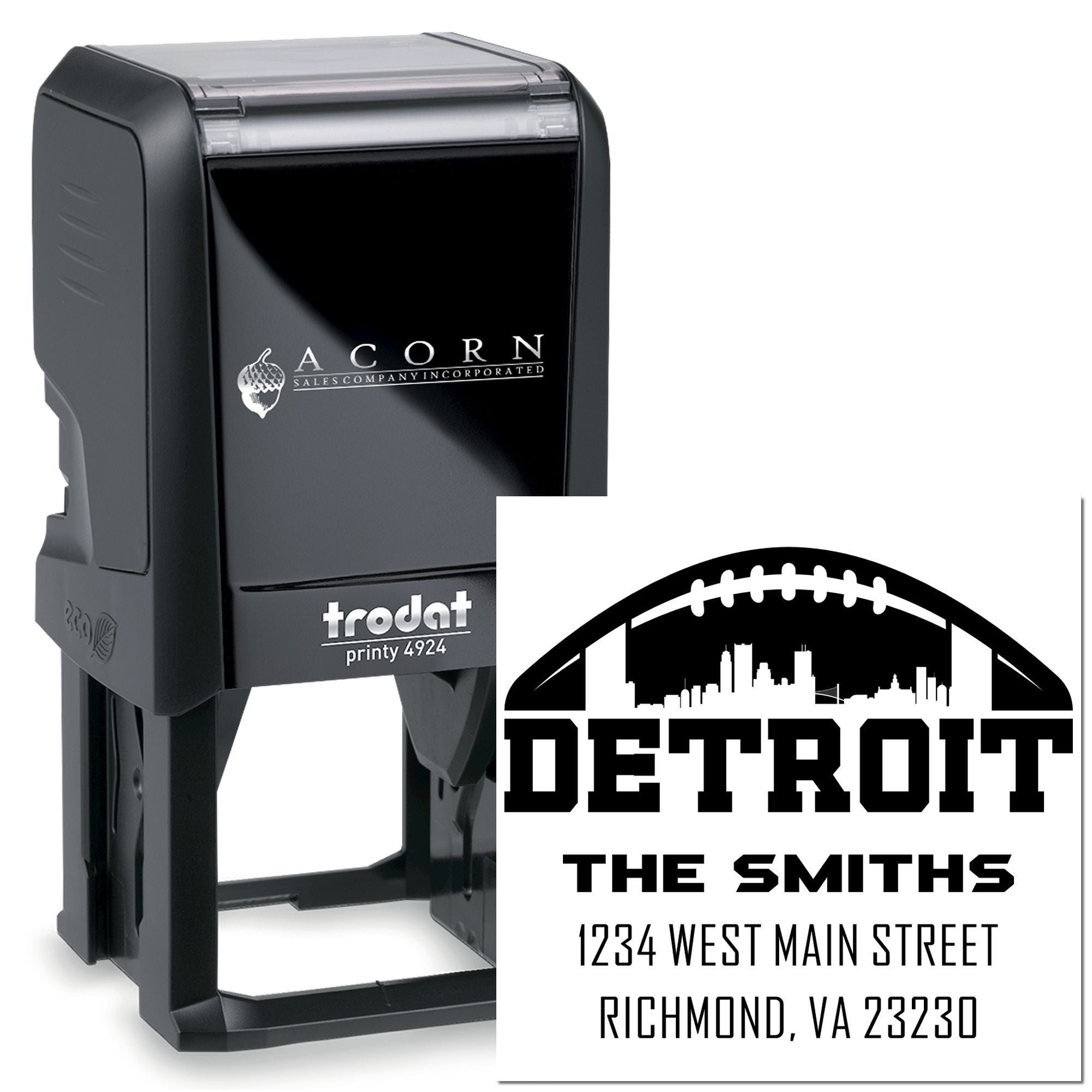 Custom self-inking rubber stamp with Detroit address imprint for business or return mail use, Trodat Printy 4924.