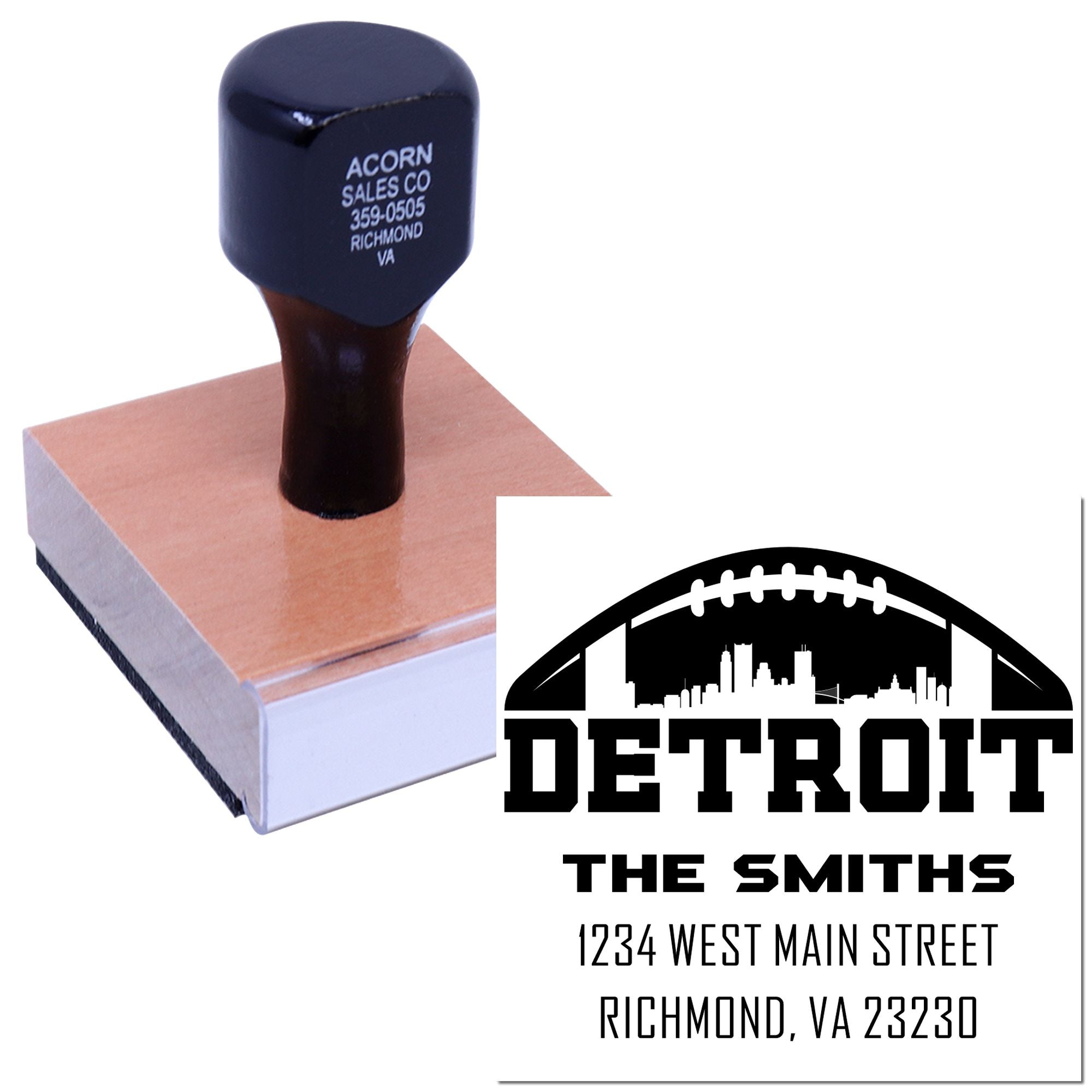 Custom address rubber stamp with Detroit football logo for personalized business branding and mail labeling.