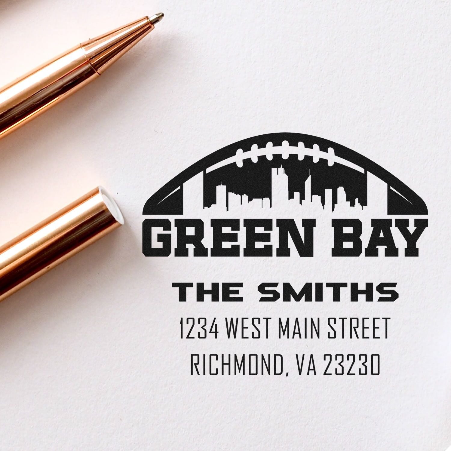 Personalized Green Bay football return address rubber stamp for The Smiths, with skyline design and Richmond, VA 23230 details.