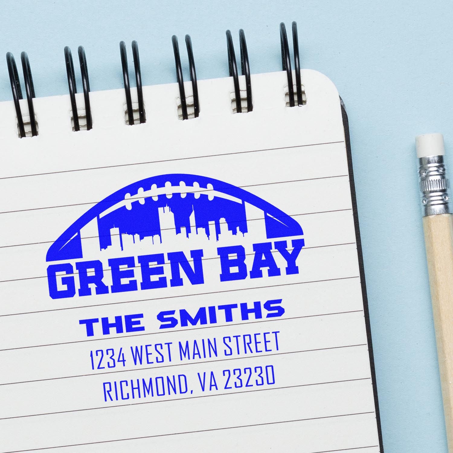 Custom rubber address stamp impression for The Smiths, Green Bay, with name and Richmond, VA mailing address.