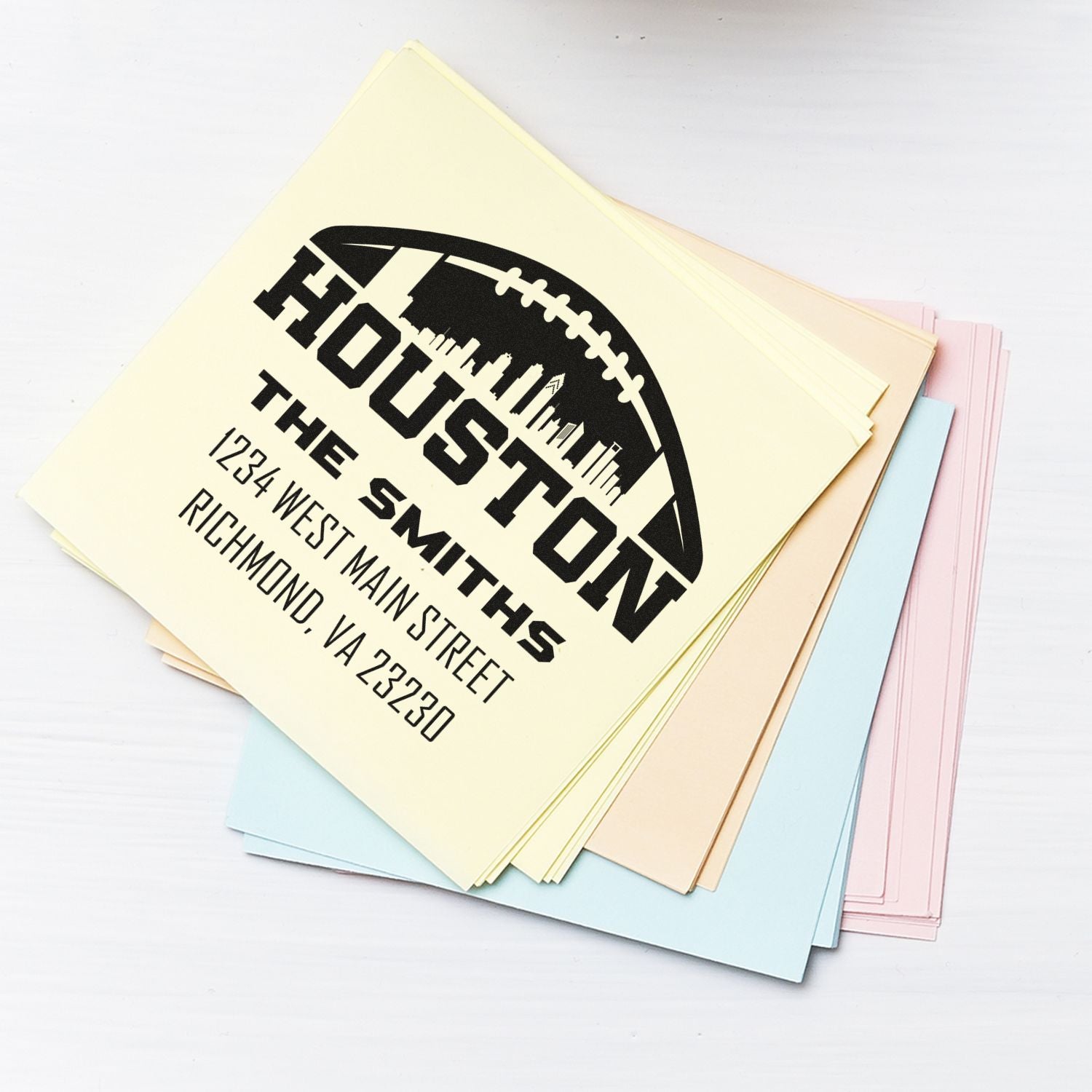 Custom rubber address stamp for The Smiths with football logo, ideal for envelopes, cards, and stationery.