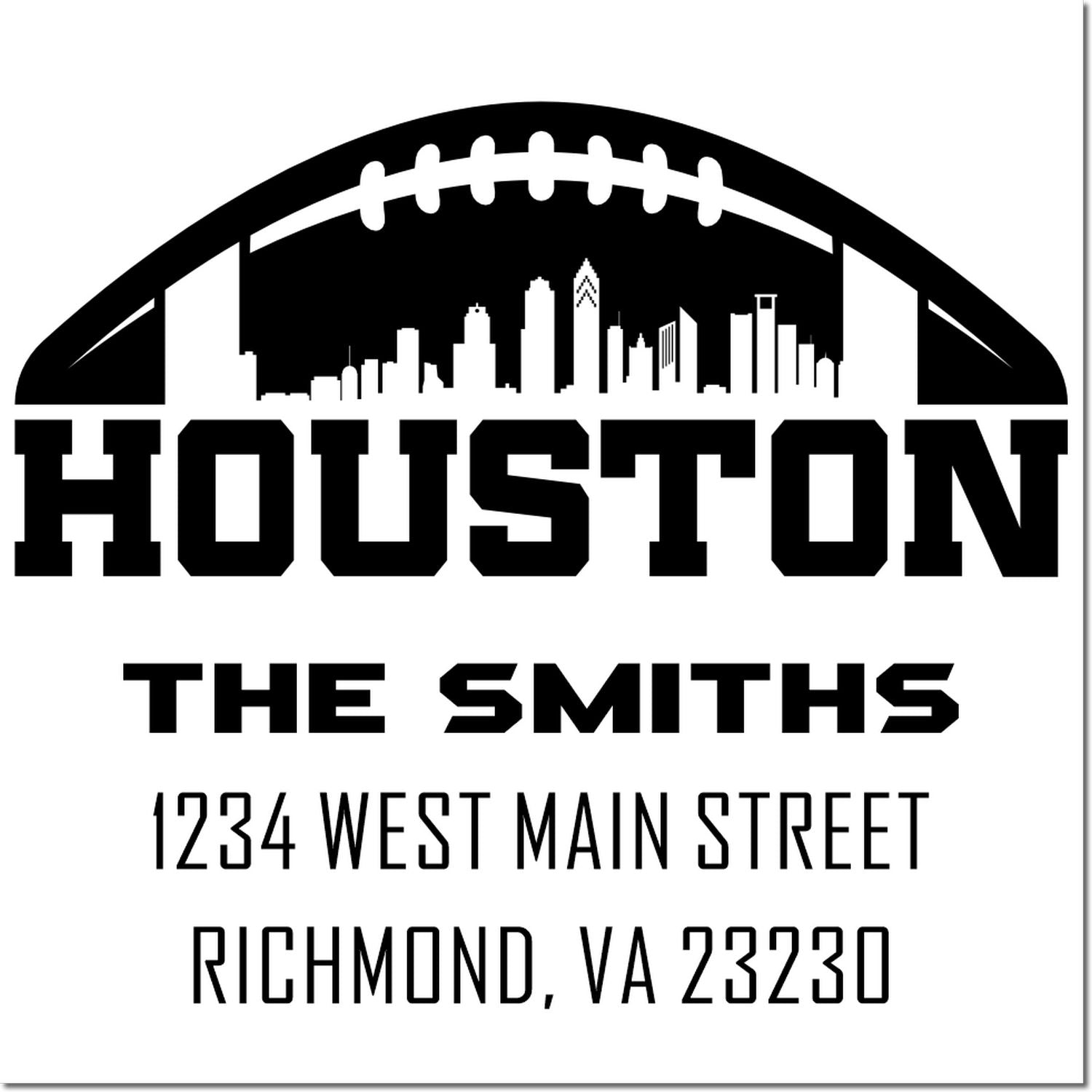 Houston family return address rubber stamp for The Smiths, with football skyline and mailing details.