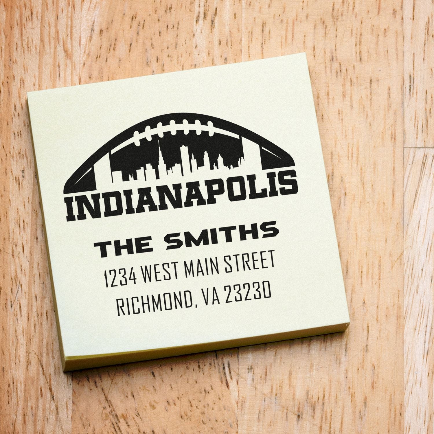 Custom Indianapolis rubber stamp with football skyline and return address for The Smiths, Richmond VA.