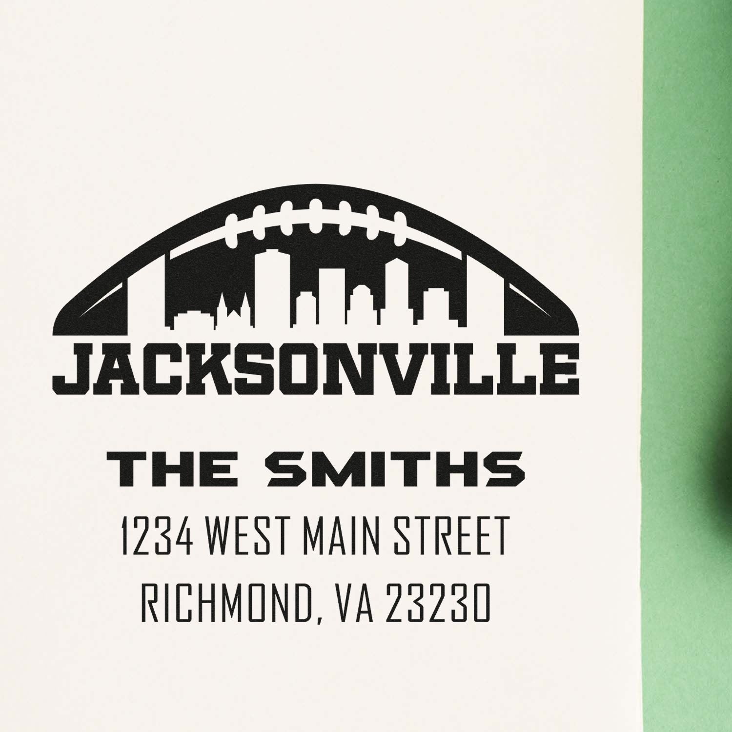 Custom Jacksonville football skyline address rubber stamp for The Smiths, 1234 West Main Street, Richmond, VA 23230.