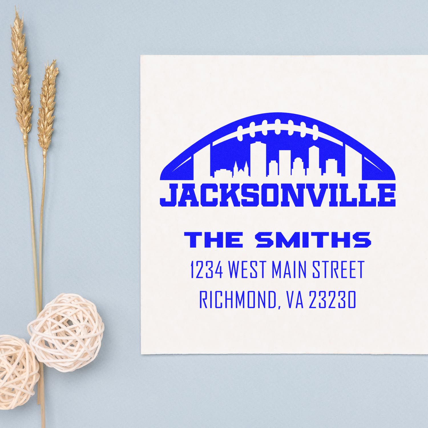 Custom rubber stamp design with Jacksonville football skyline, The Smiths, and personalized return address stamp.