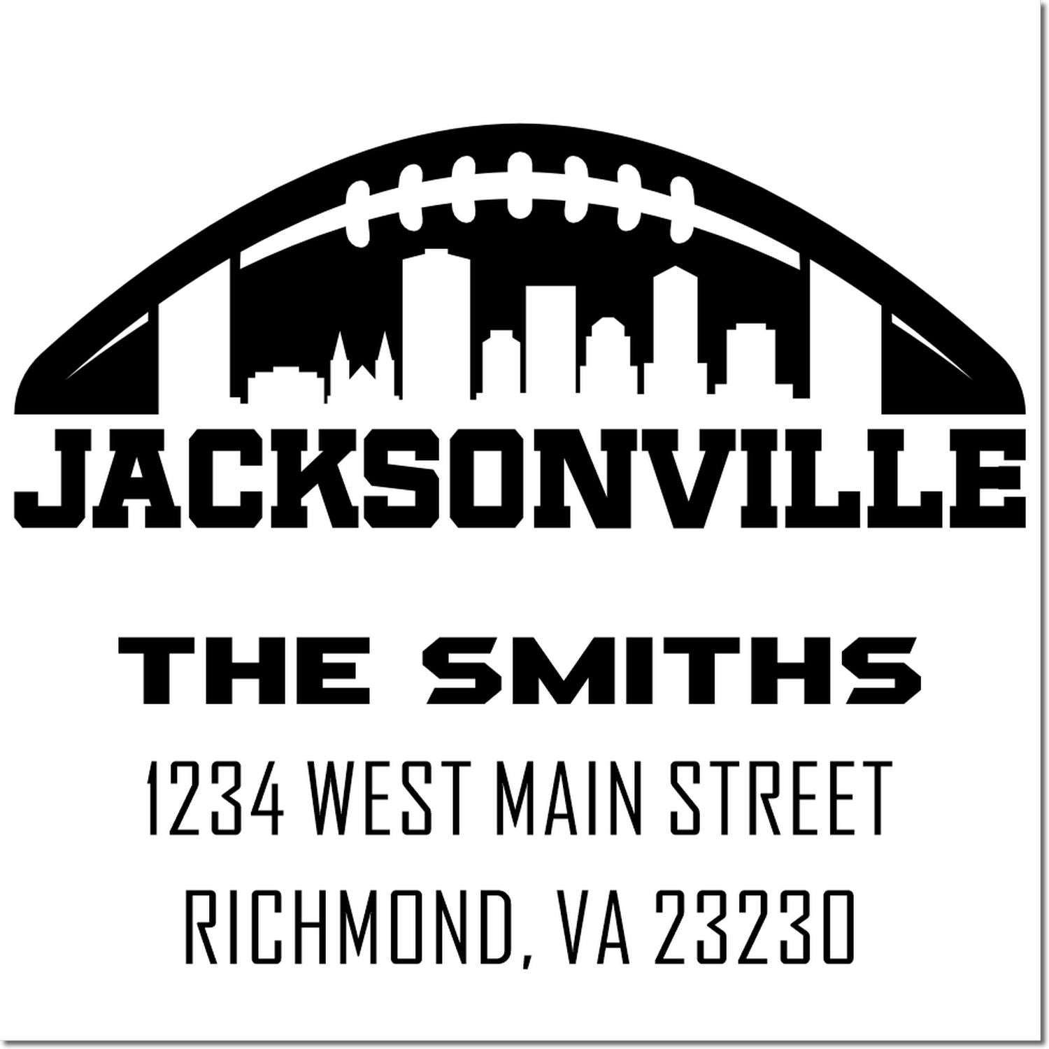 Jacksonville football logo return address rubber stamp for The Smiths, 1234 West Main Street, Richmond, VA 23230