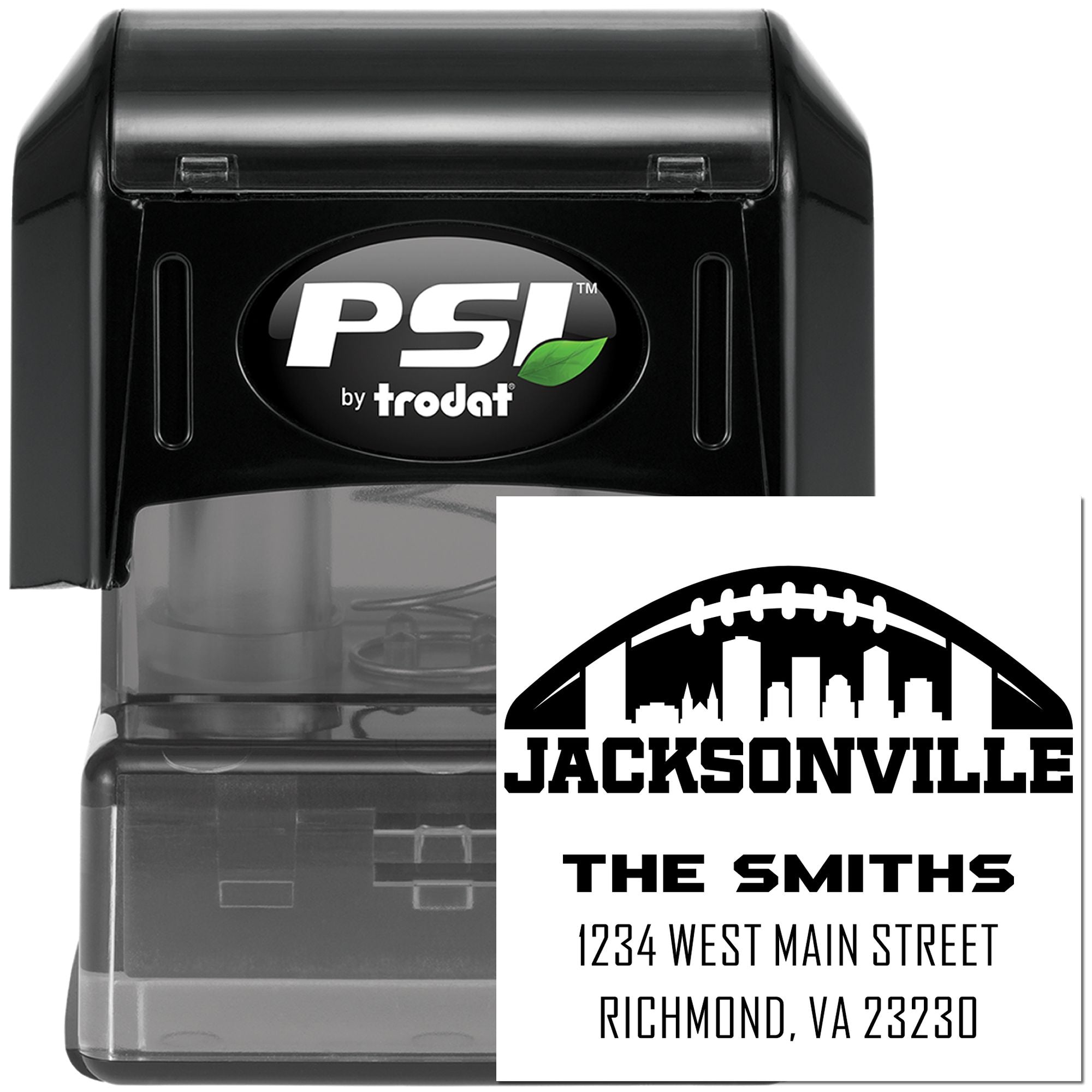 Custom self-inking rubber stamp with Jacksonville skyline, The Smiths name, and address for personalized mailings.