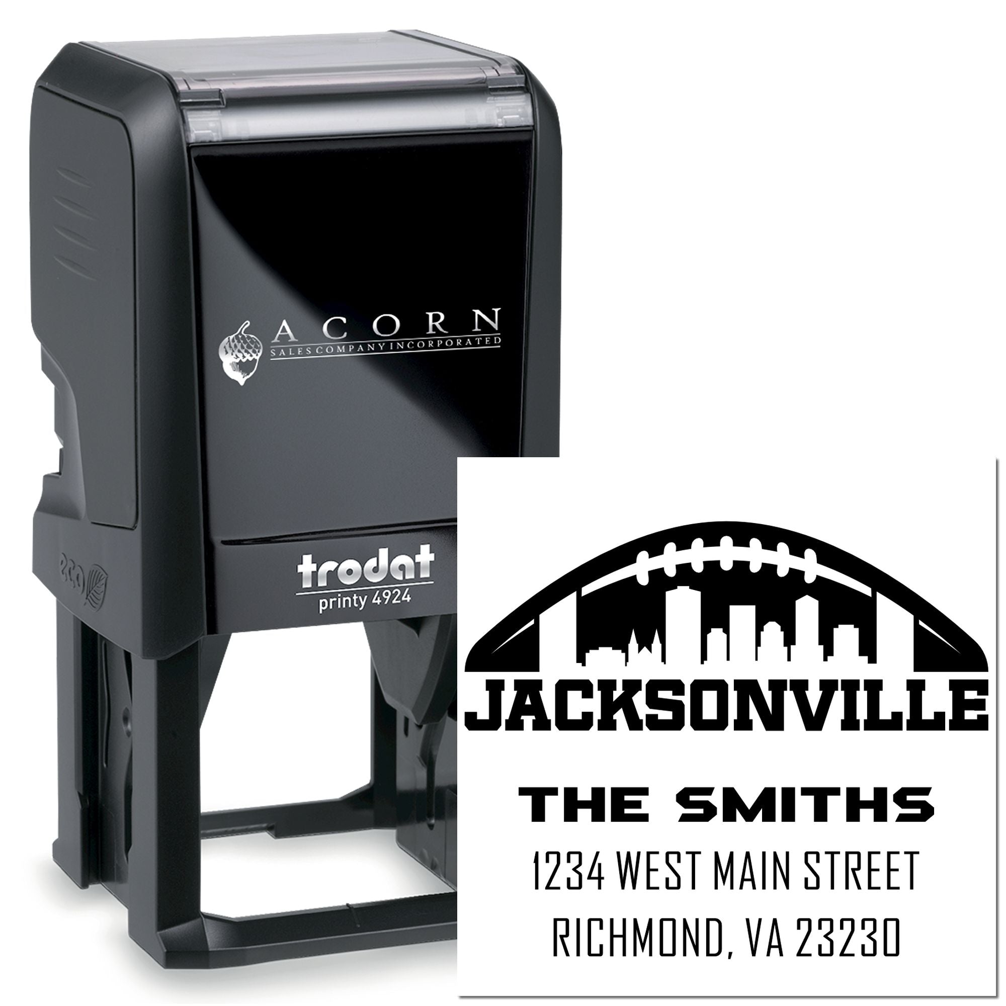 Custom self-inking rubber stamp Trodat Printy 4924 with Jacksonville skyline and The Smiths return address imprint.