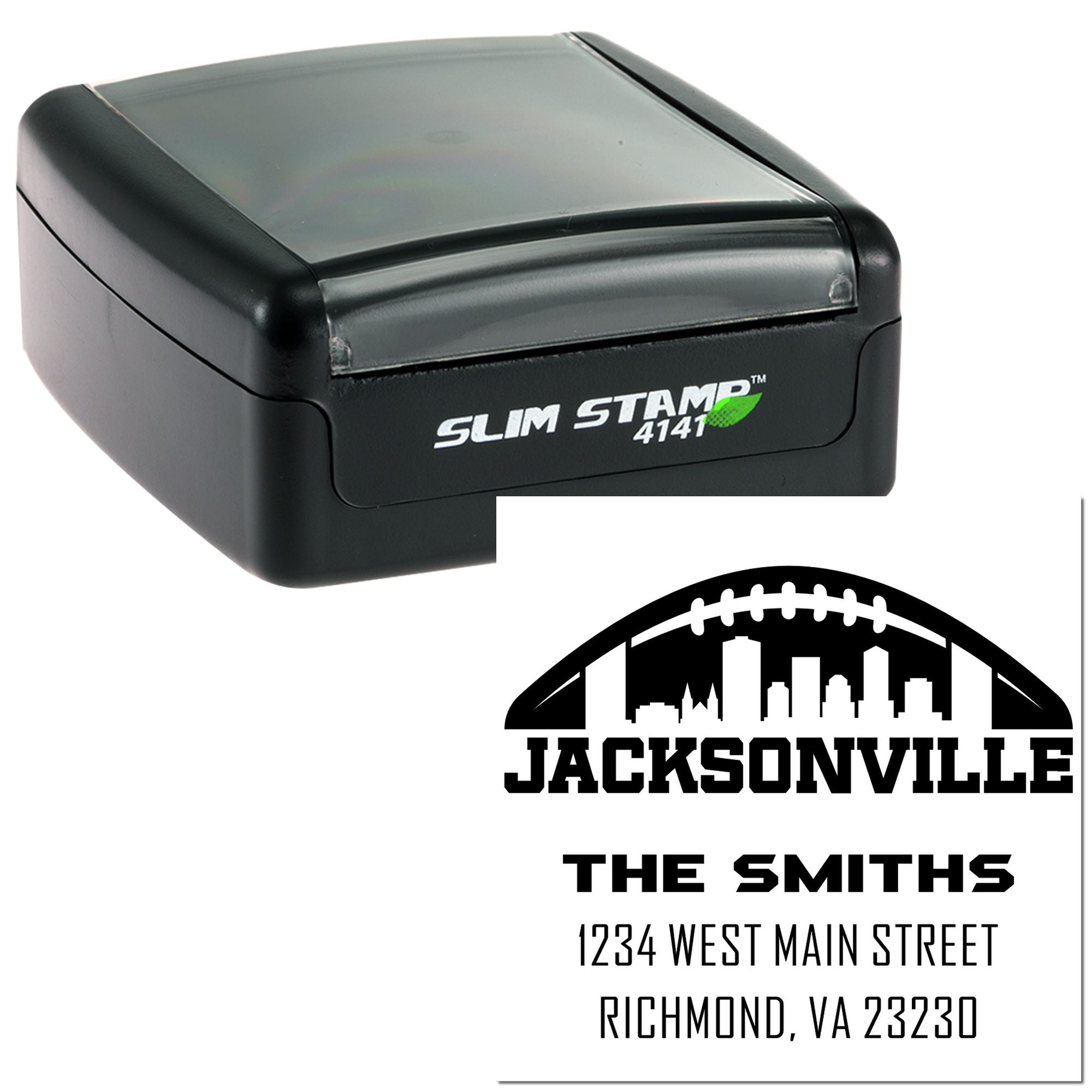 Slim Stamp 4141 self-inking rubber stamp with custom Jacksonville address design for The Smiths, Richmond, VA.