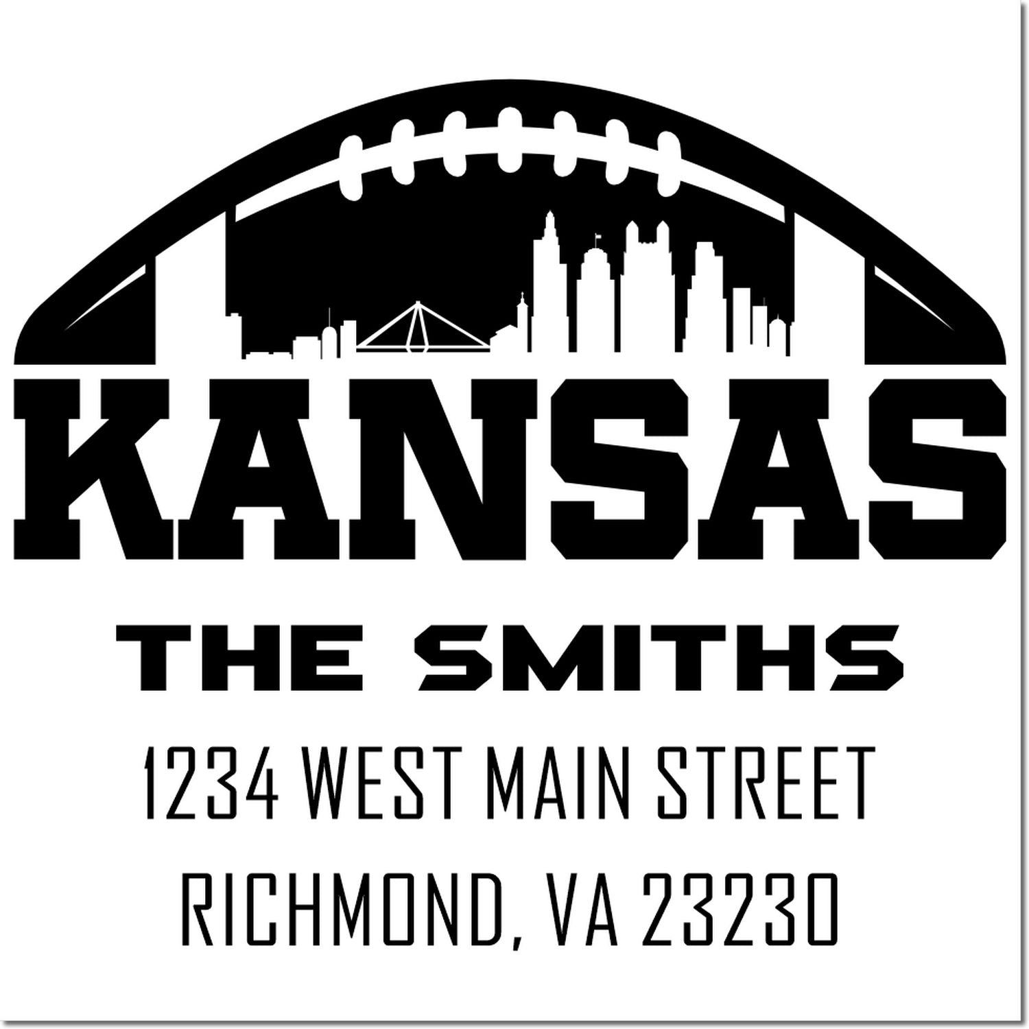 Custom family return address rubber stamp for The Smiths, with football skyline and address 1234 West Main Street, Richmond, VA 23230