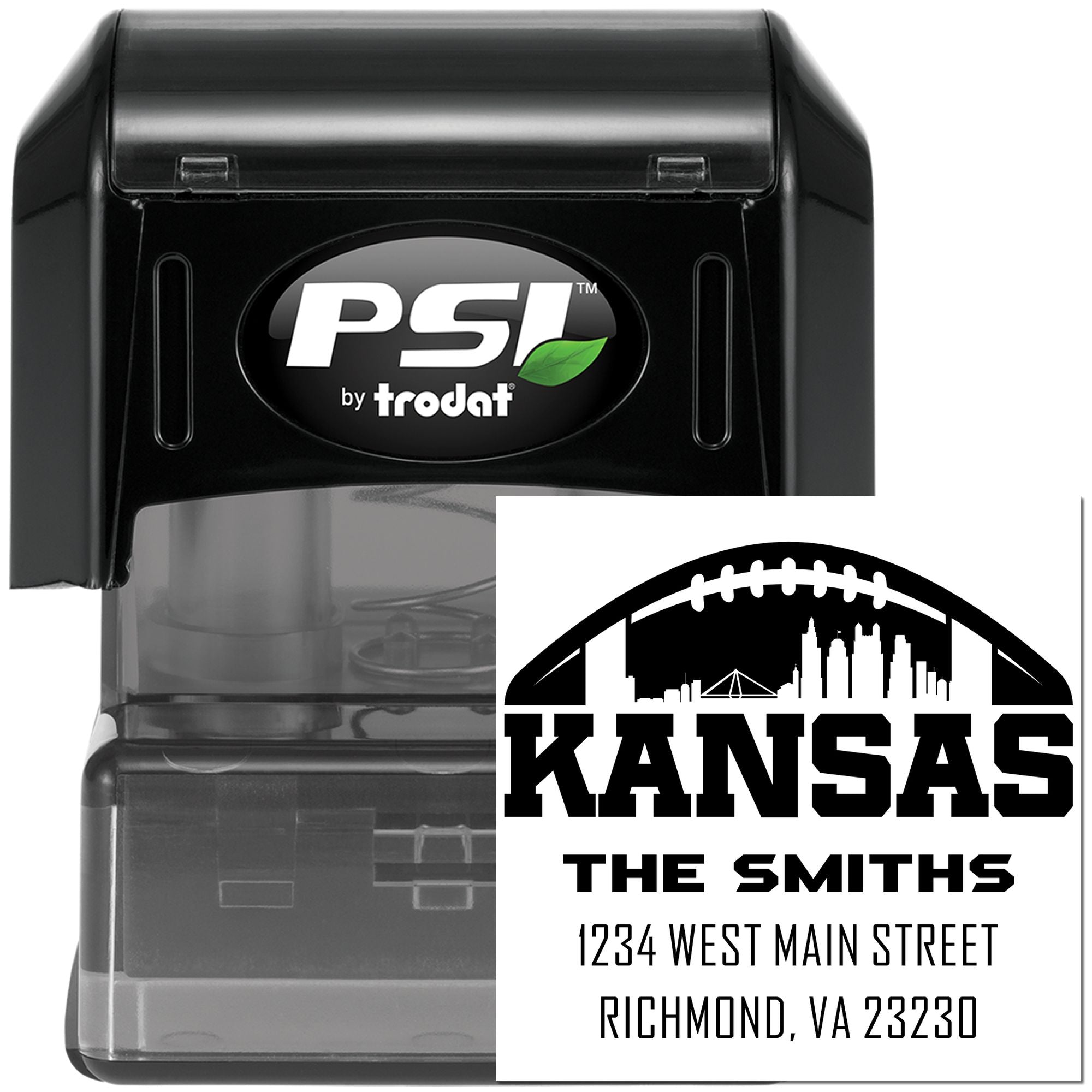 Personalized Kansas self-inking rubber stamp with family name, address, and football skyline design.