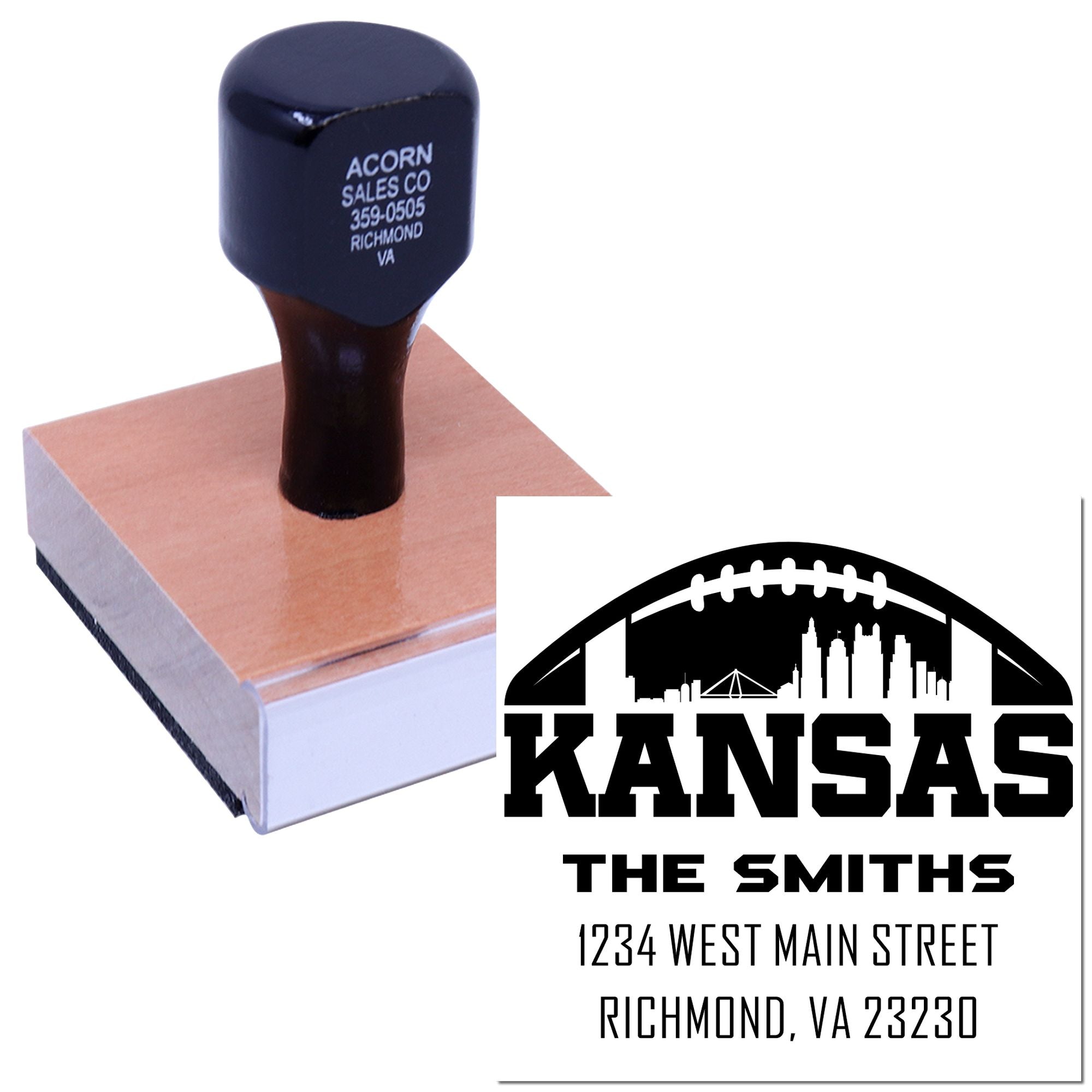 Personalized rubber address stamp with Kansas skyline football design for The Smiths, Richmond, VA.