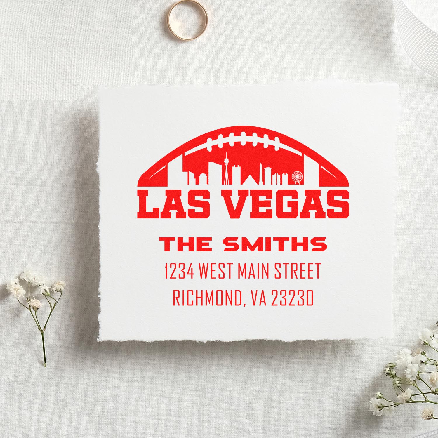 Custom Las Vegas football return address rubber stamp with personalized name and address in bold red imprint.