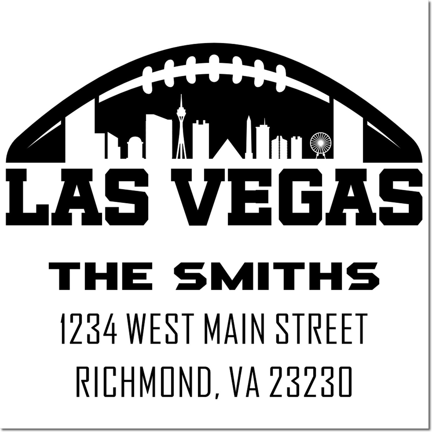 Custom Las Vegas return address rubber stamp with skyline, The Smiths, 1234 West Main Street, Richmond, VA 23230.