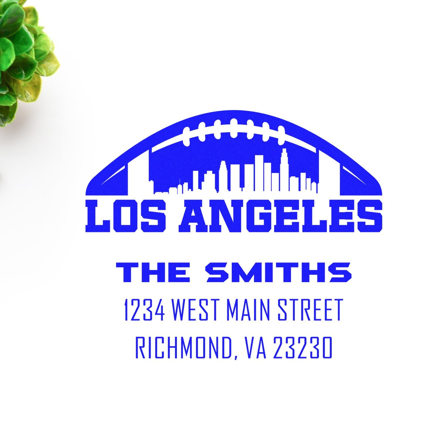 Custom Los Angeles skyline football return address rubber stamp for The Smiths, Richmond, VA 23230.