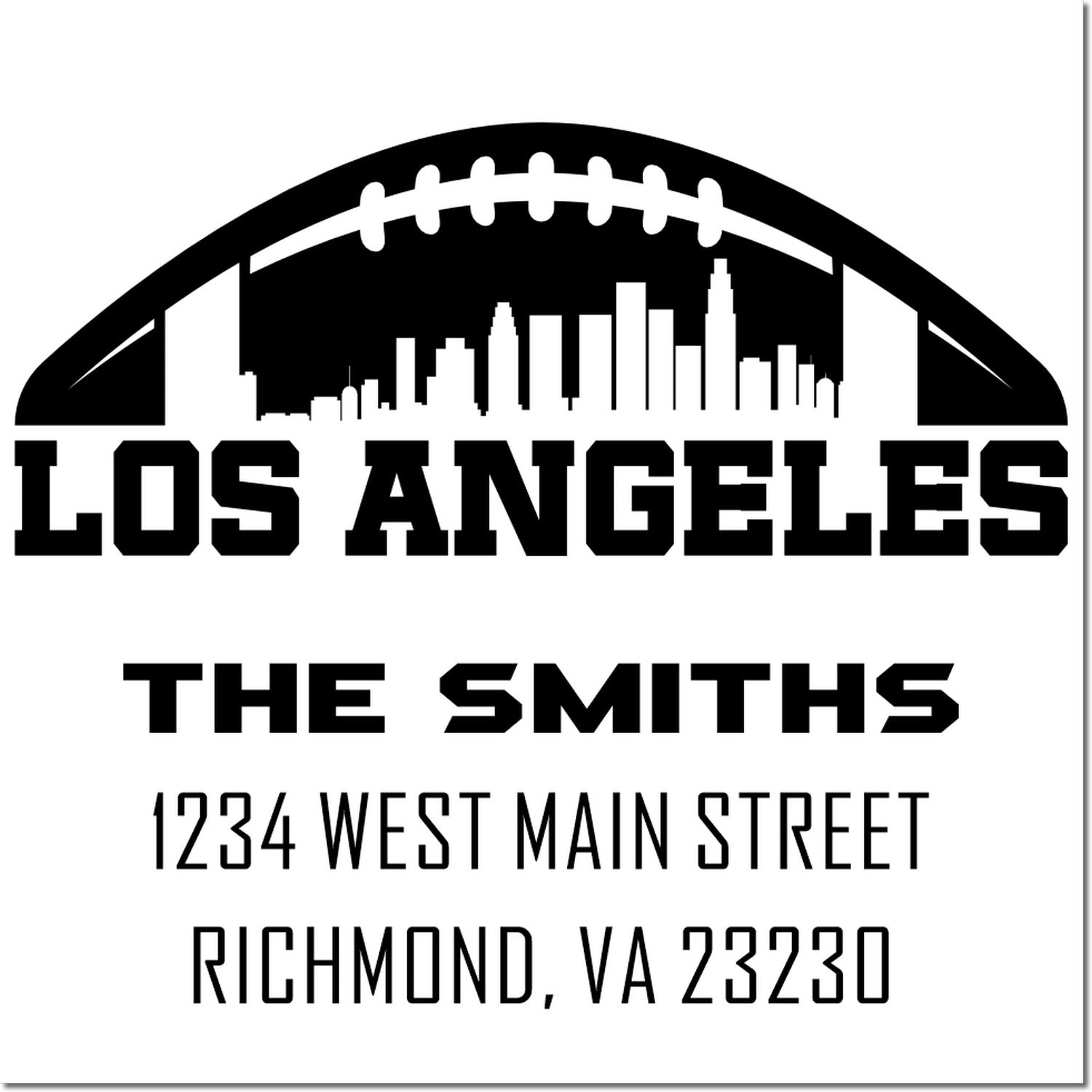 Custom return address rubber stamp for The Smiths with Los Angeles football skyline and Richmond, VA address