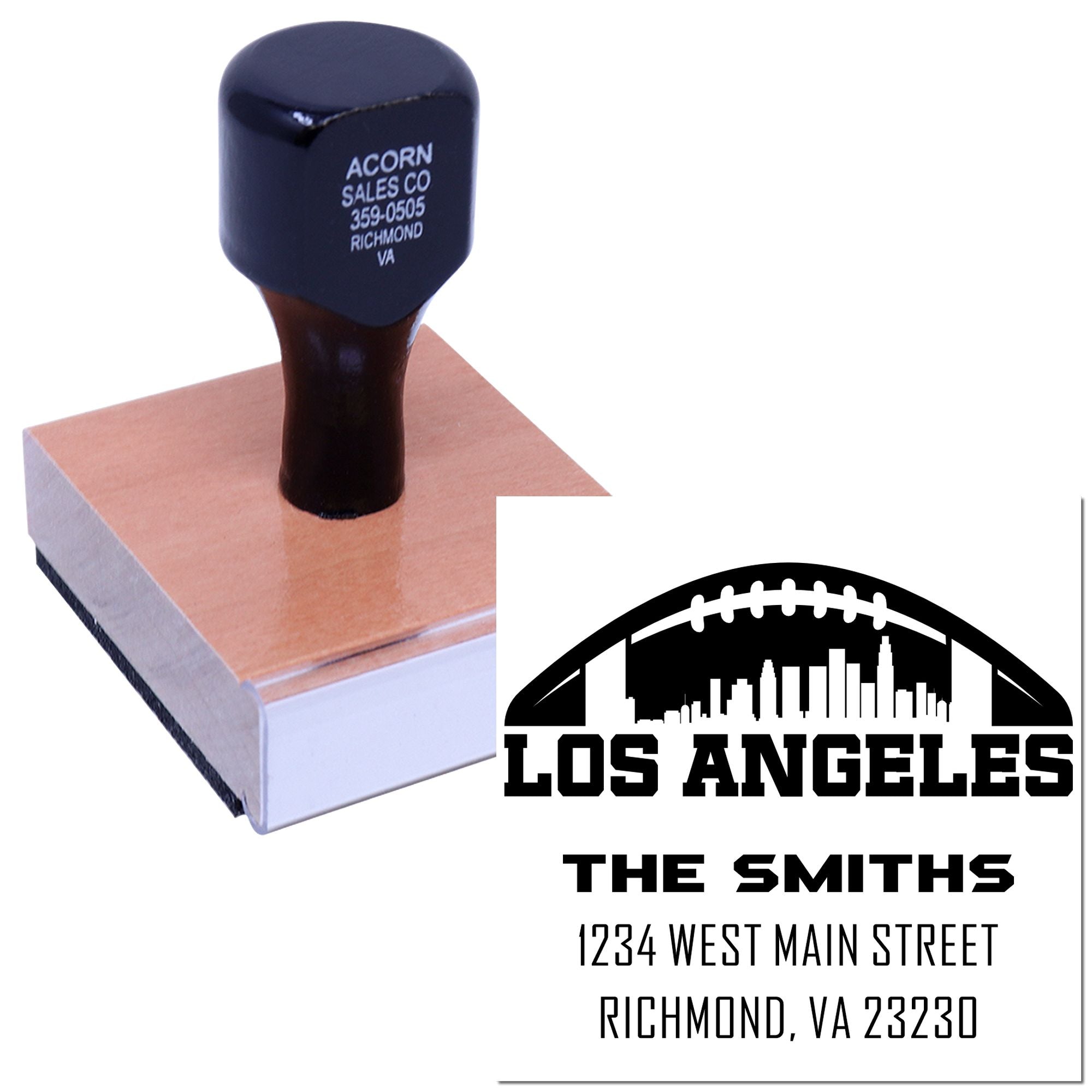 Custom wooden handle rubber stamp with Los Angeles football design and personalized family return address imprint.