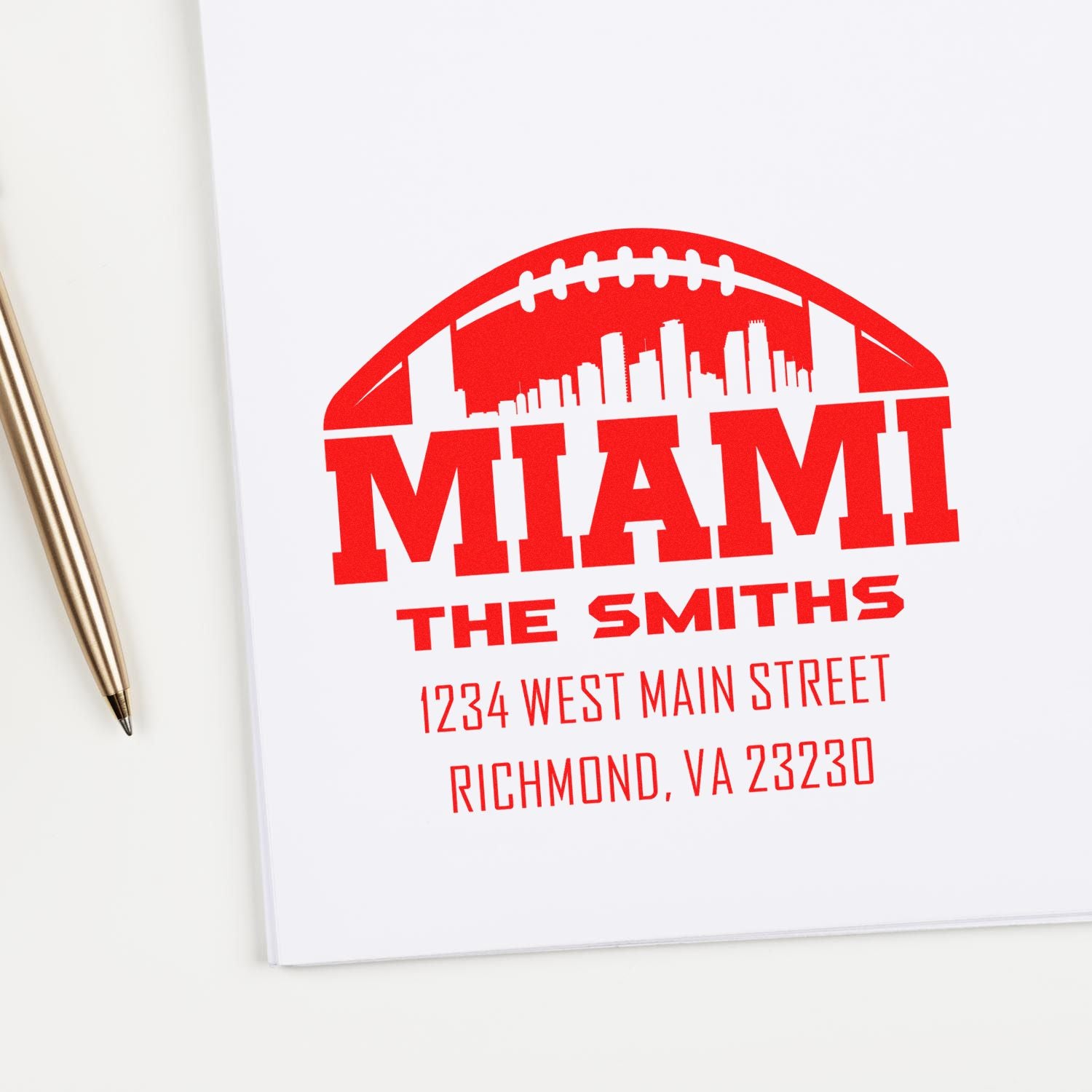 Custom return address rubber stamp for The Smiths with Miami skyline design, 1234 West Main Street, Richmond, VA 23230