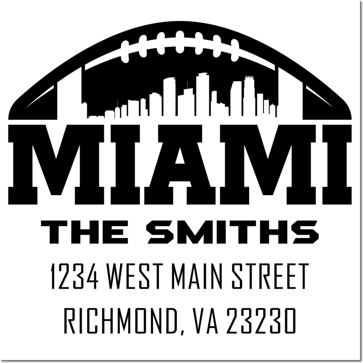Custom Miami address rubber stamp for The Smiths with football skyline design, 1234 West Main Street, Richmond, VA 23230.