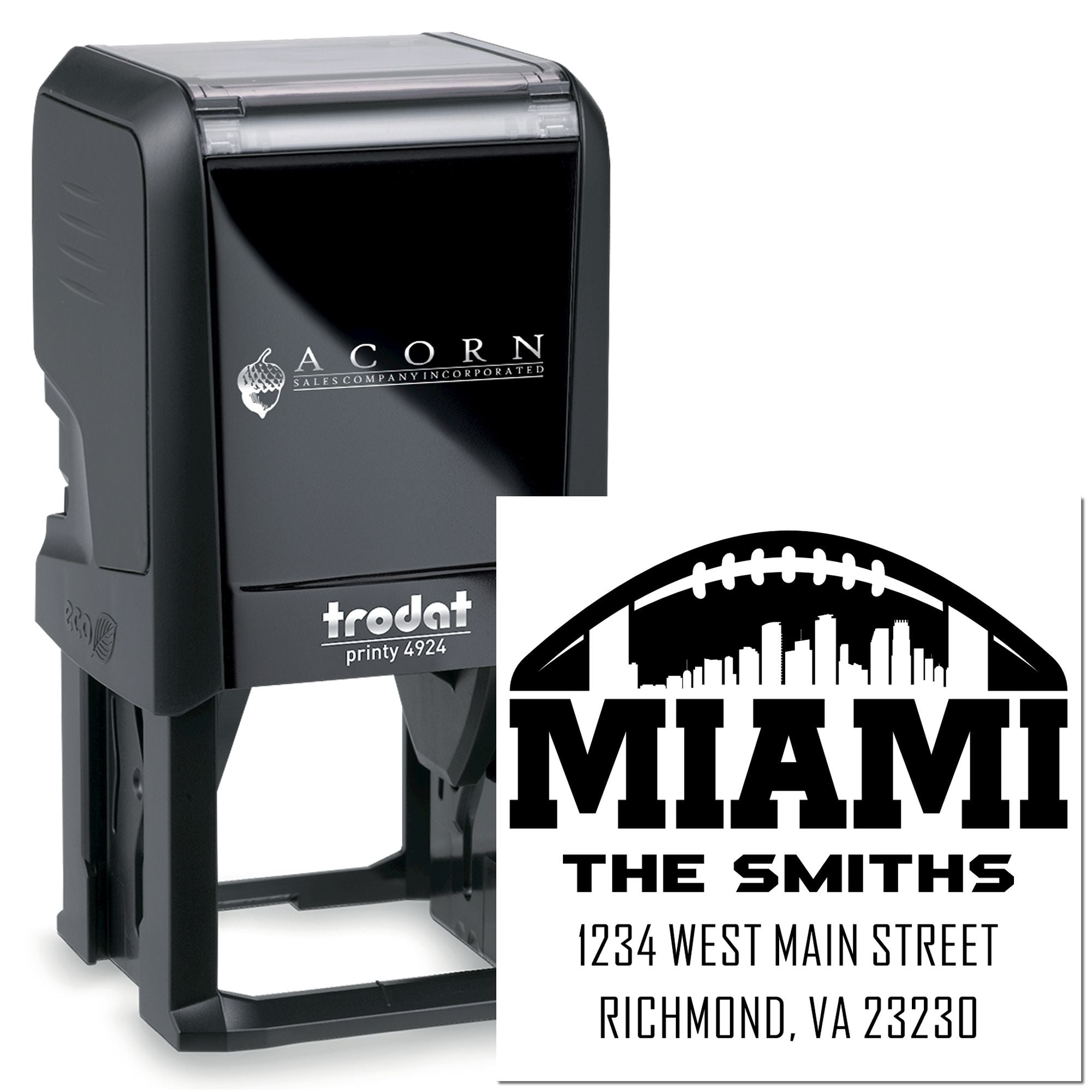 Custom self-inking rubber address stamp with Miami design, Trodat Printy 4924, for The Smiths home address.
