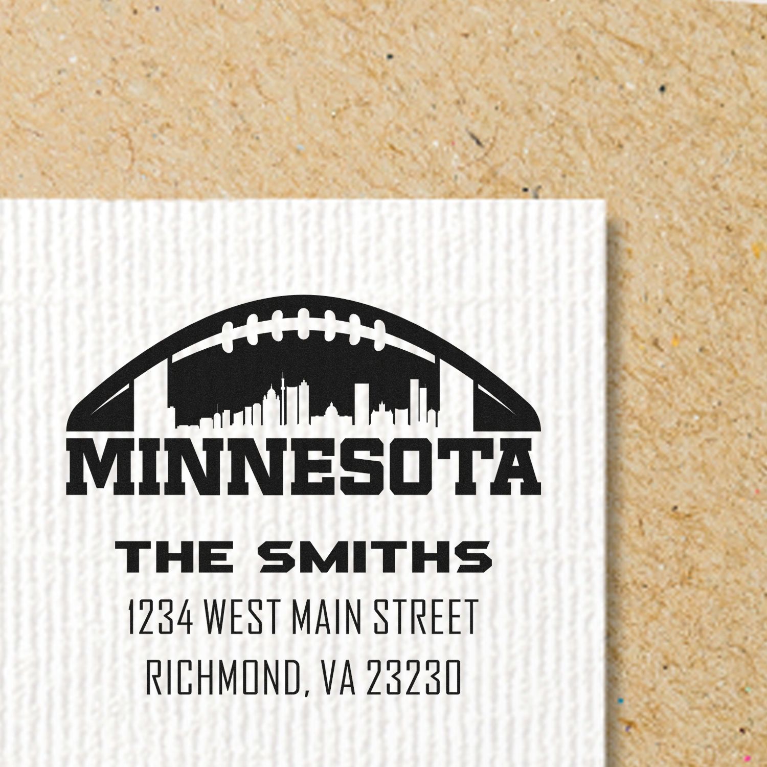 Custom Minnesota football skyline rubber stamp with The Smiths name and return address for personalized mail.