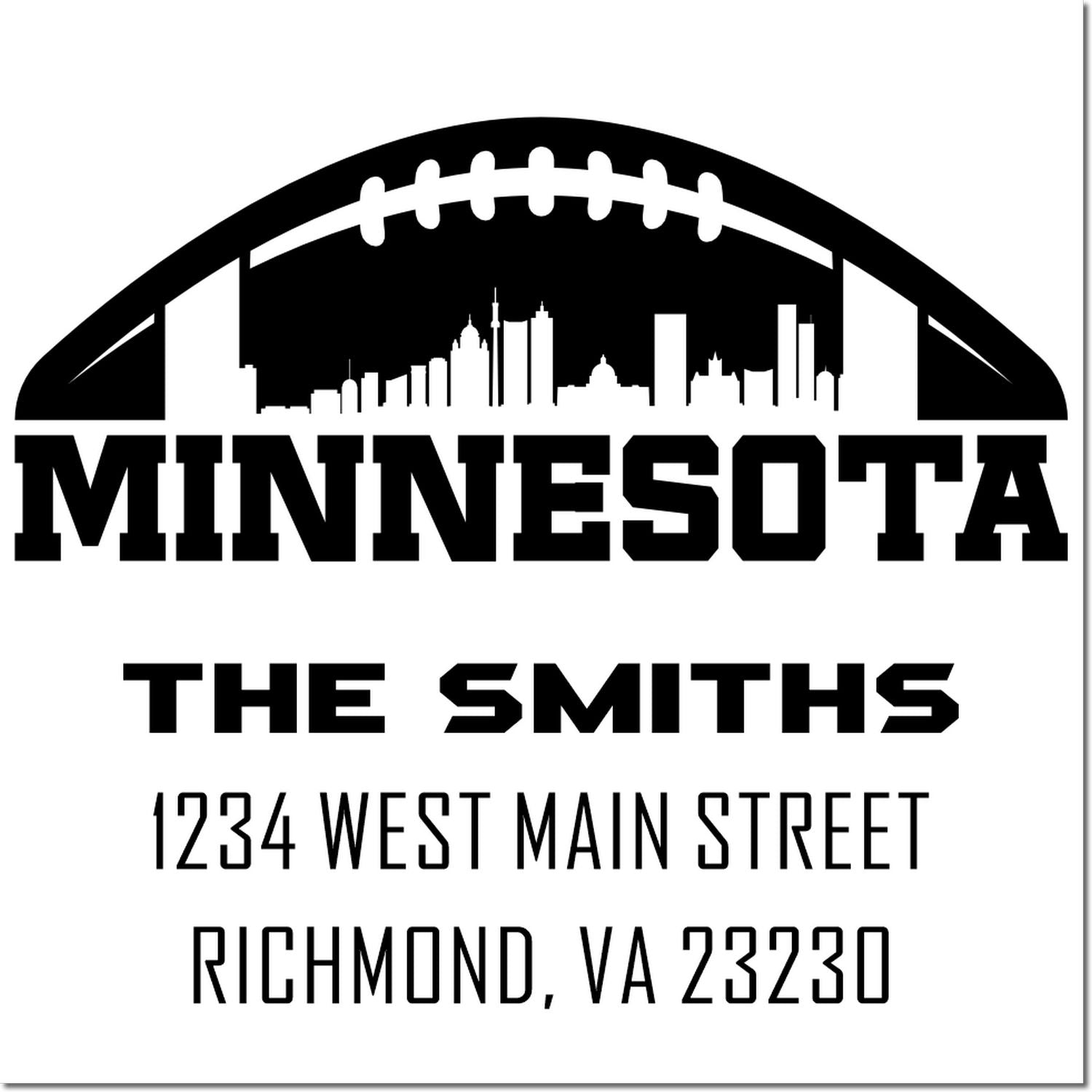 Custom Minnesota football address rubber stamp for The Smiths, 1234 West Main Street, Richmond, VA 23230