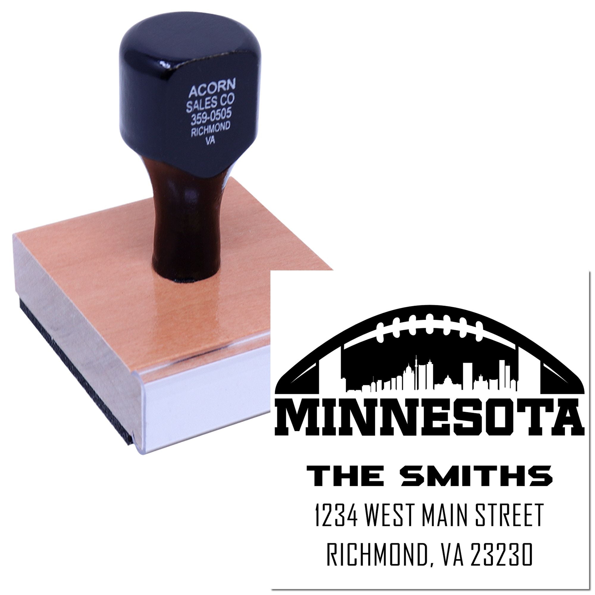 Custom Minnesota address rubber stamp with skyline design, family name, and mailing address for envelopes.