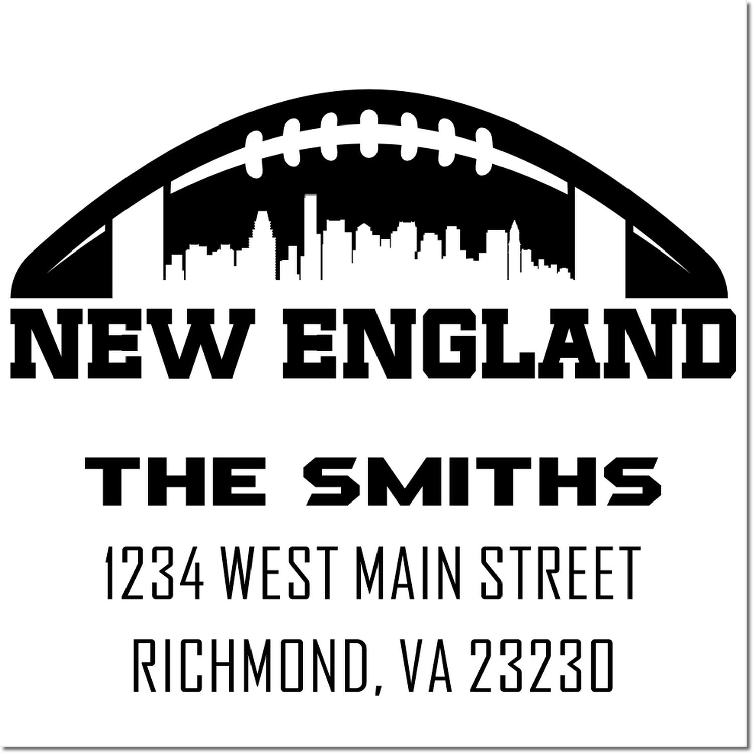 Custom New England football address rubber stamp for The Smiths, Richmond, VA 23230, with skyline and football arch.