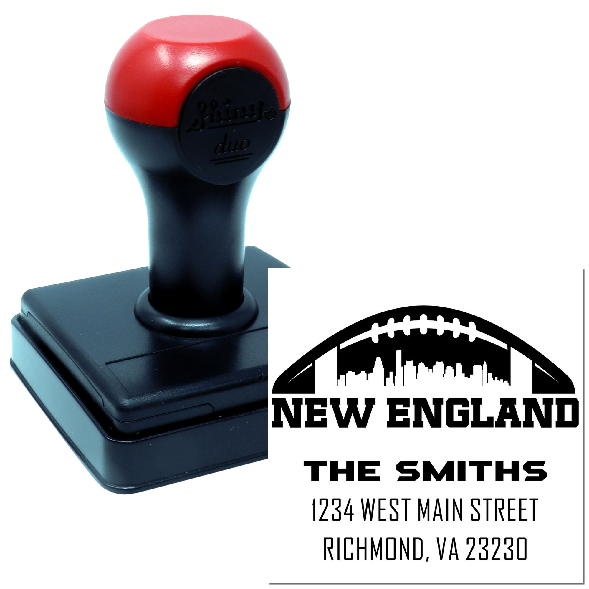 Custom address rubber stamp with New England football skyline design for The Smiths, Richmond, VA 23230.