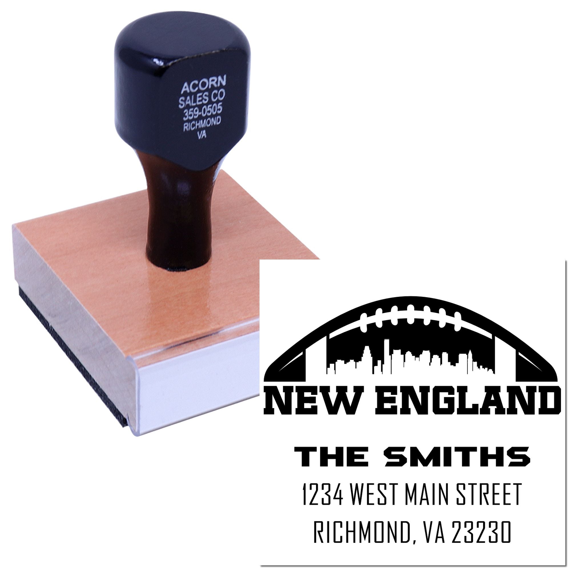 Custom rubber stamp with New England football logo and return address, ideal for personalized business mailing.
