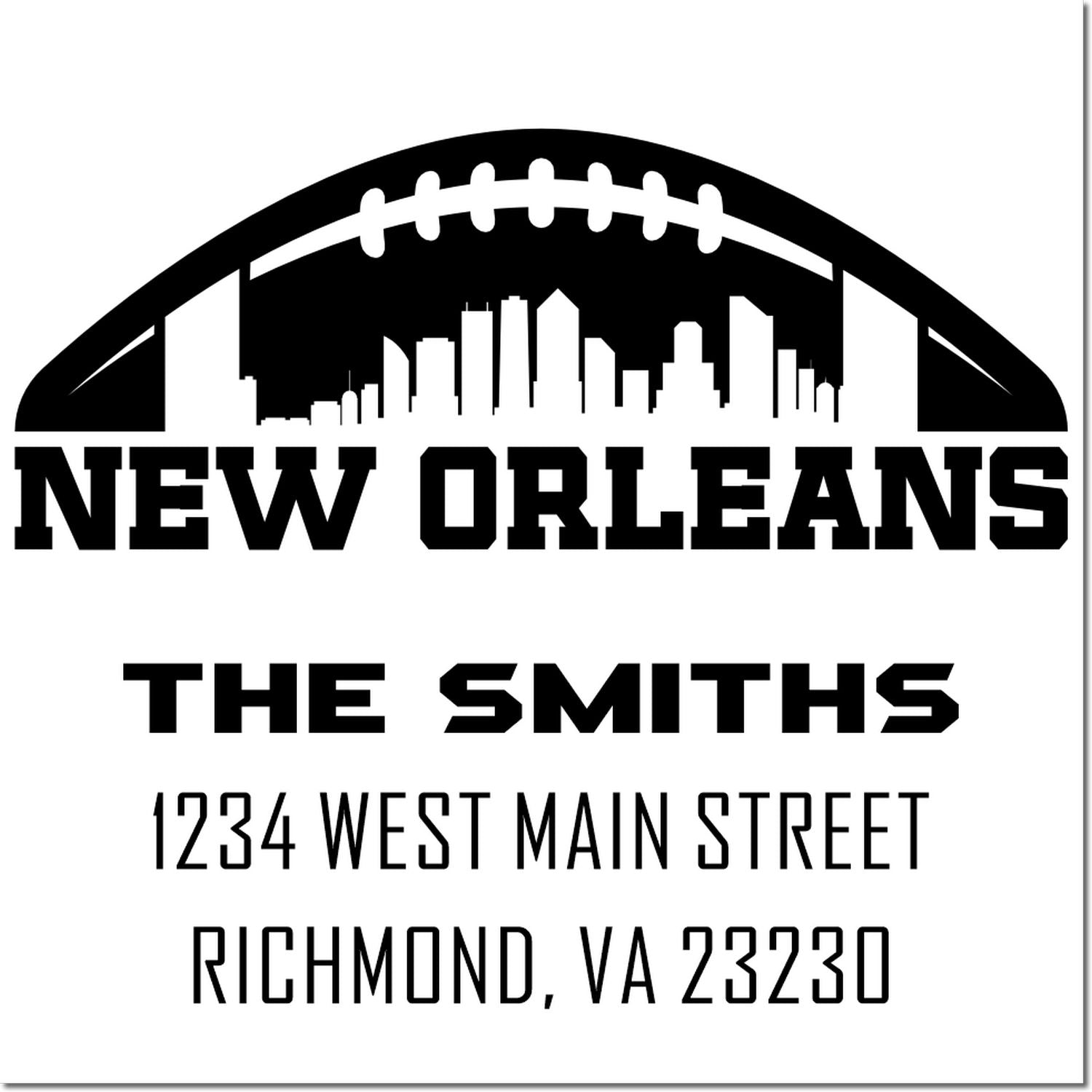Personalized New Orleans football return address rubber stamp for The Smiths, 1234 West Main Street, Richmond, VA 23230.