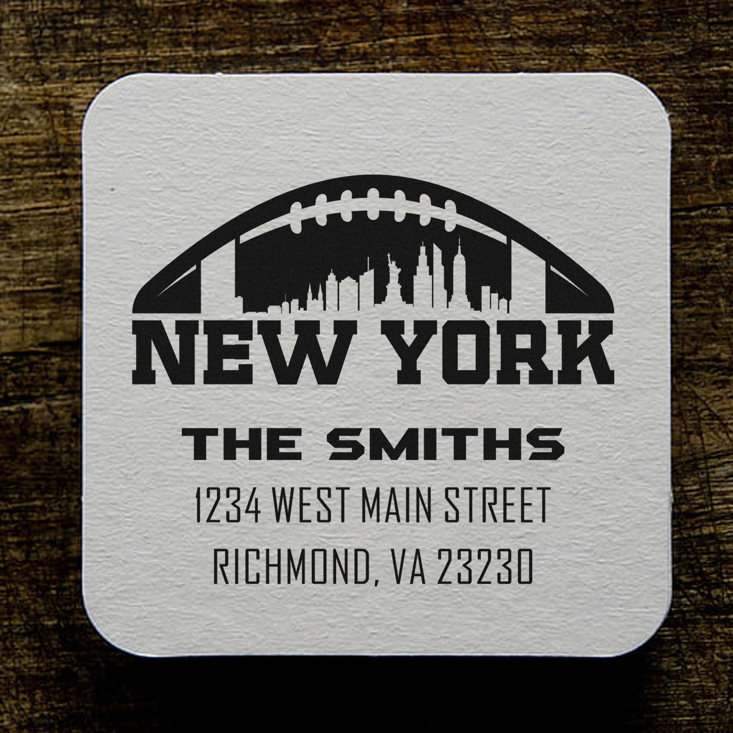 Custom New York football address rubber stamp with skyline, The Smiths, and Richmond, VA return address.