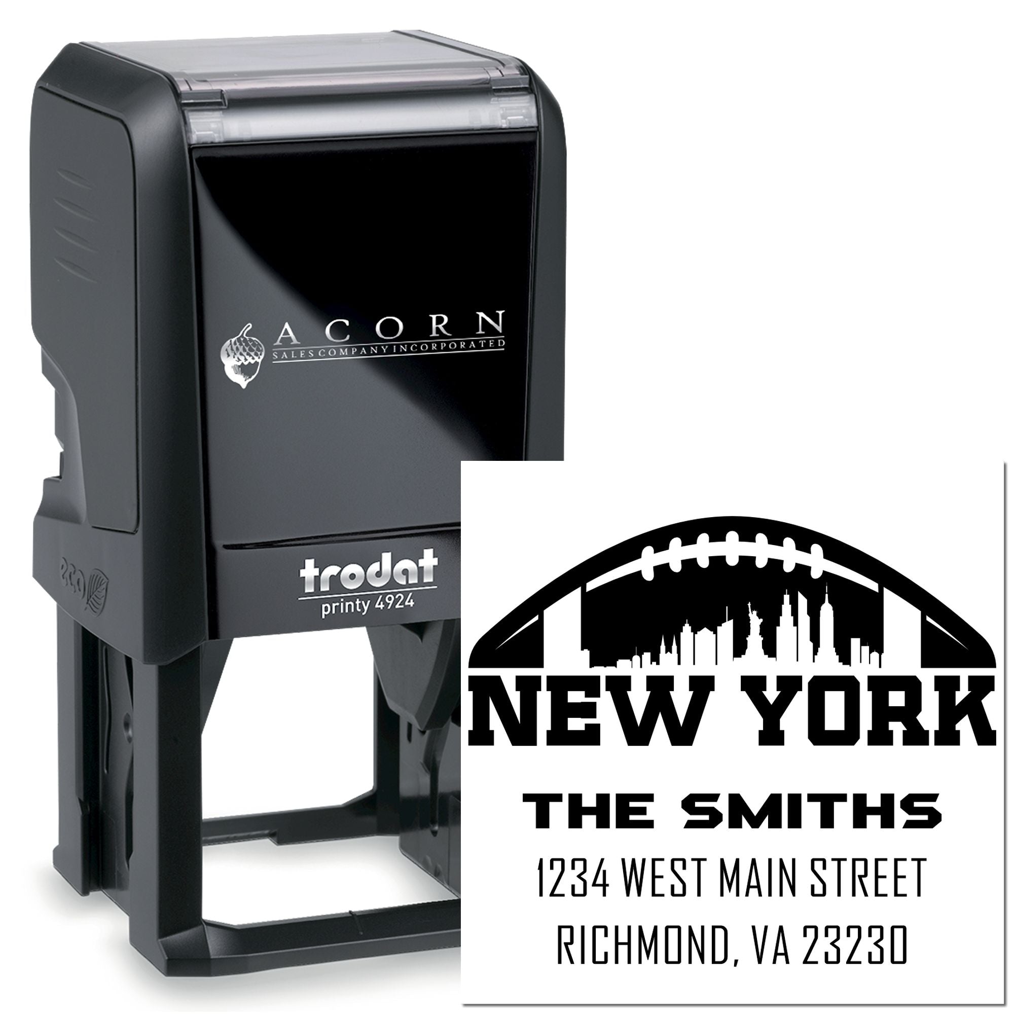 Trodat Printy 4924 self-inking rubber stamp with custom New York skyline address design for business mailing.